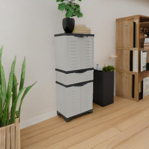 Sunnydaze Plastic Garage Storage Cabinet with 2 Adjustable Shelves - 57" H - Garage, Office, Home, Laundry Room - Gray with Charcoal Trim
