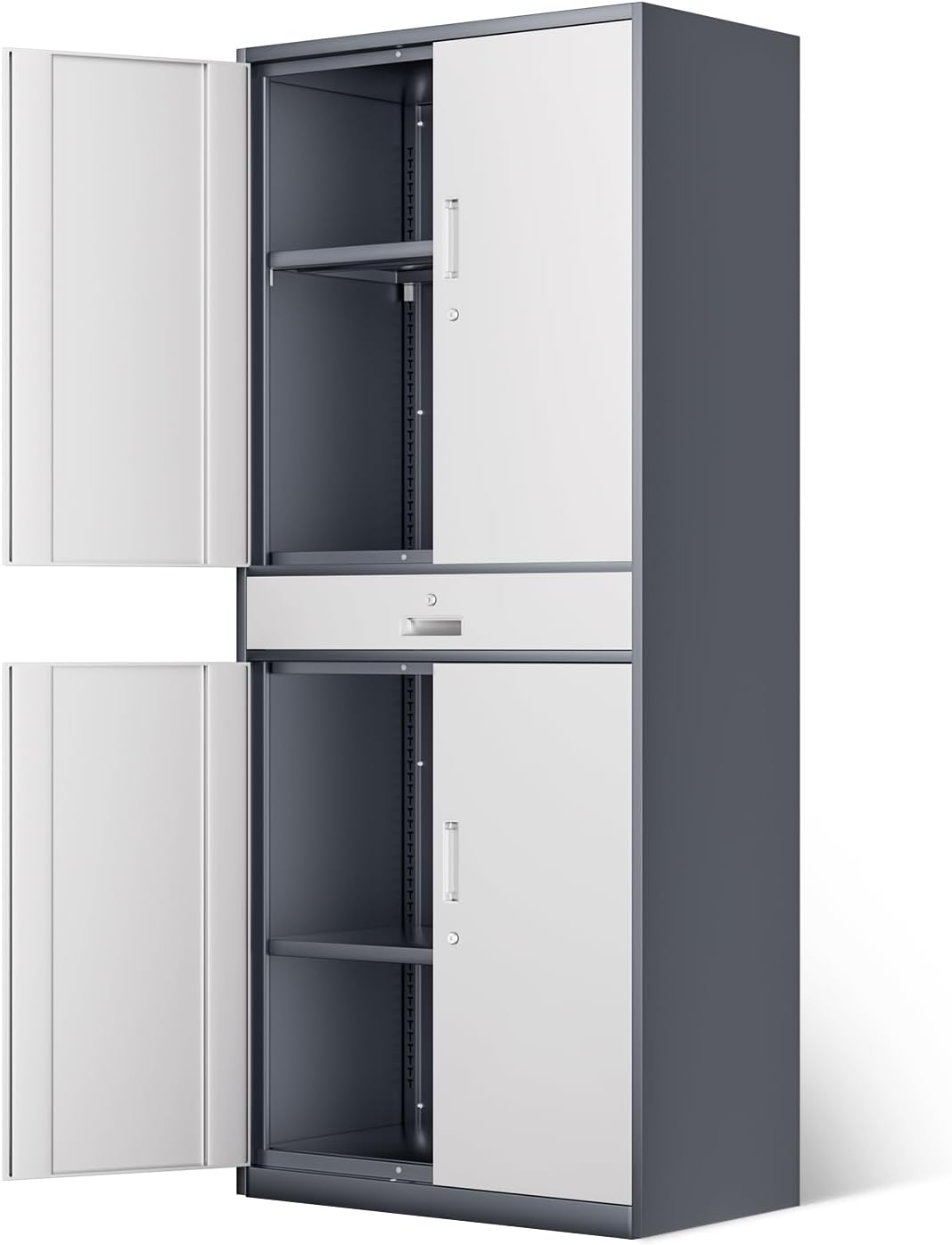 DNA MOTORING 71'' Metal Storage Cabinet, Locking Tool Cabinet with 1 Drawer and Adjustable Shelves, Lockable Heavy Duty Metal Locker for Garage,Office,Home,Gym, Black, TOOLS-00629-BK-BK-A