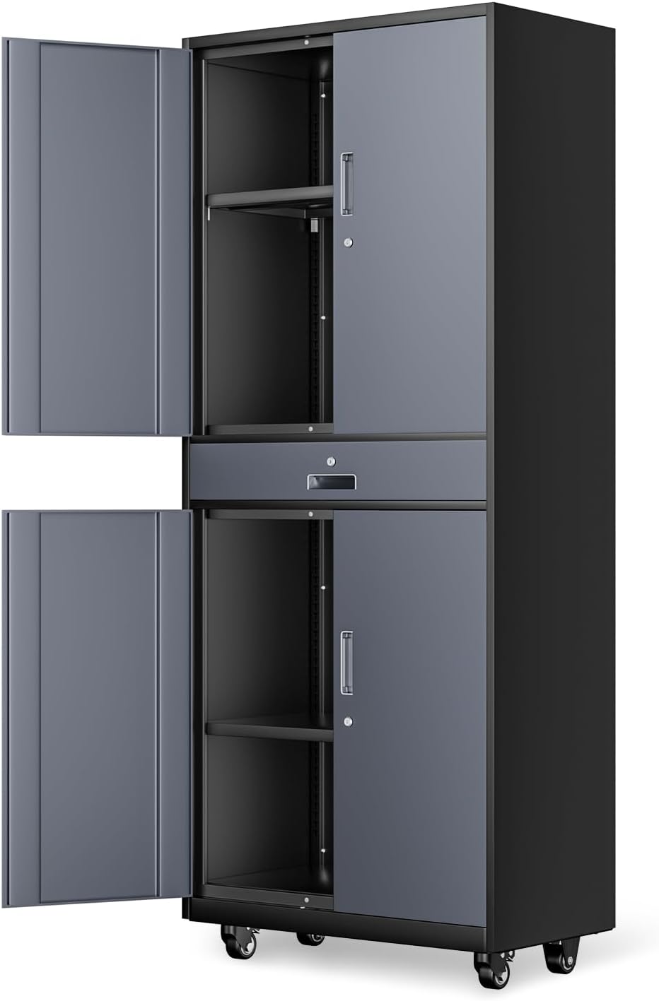 DNA MOTORING 71'' Metal Storage Cabinet, Locking Tool Cabinet with 1 Drawer and Adjustable Shelves, Lockable Heavy Duty Metal Locker for Garage,Office,Home,Gym, Black, TOOLS-00629-BK-BK-A