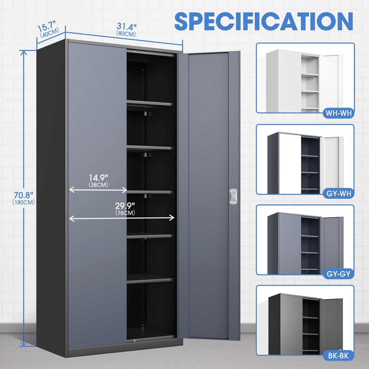 DNA MOTORING 71'' Metal Storage Cabinet, Locking Tool Cabinet with 5 Adjustable Shelves, Heavy Duty Metal Locker for Garage,Office,Home,Gym,Gray Black, TOOLS-00632-GY-BK-A
