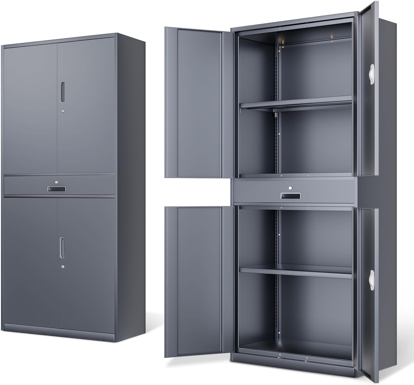 DNA MOTORING 71'' Metal Storage Cabinet, Locking Tool Cabinet with 1 Drawer and Adjustable Shelves, Lockable Heavy Duty Metal Locker for Garage,Office,Home,Gym, Black, TOOLS-00629-BK-BK-A