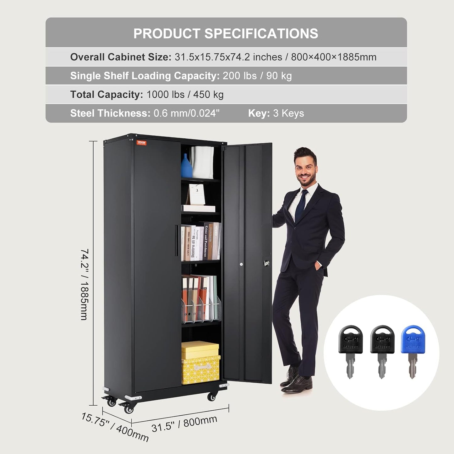 VEVOR Storage Wheels 75 in Locking 4 Adjustable Shelves & 2 Magnetic Doors, 200 lbs Capacity per Shelf, Metal Cabinet with 3 Keys for Home, Office, Garage, Black, C1-ETA-9005S(L)