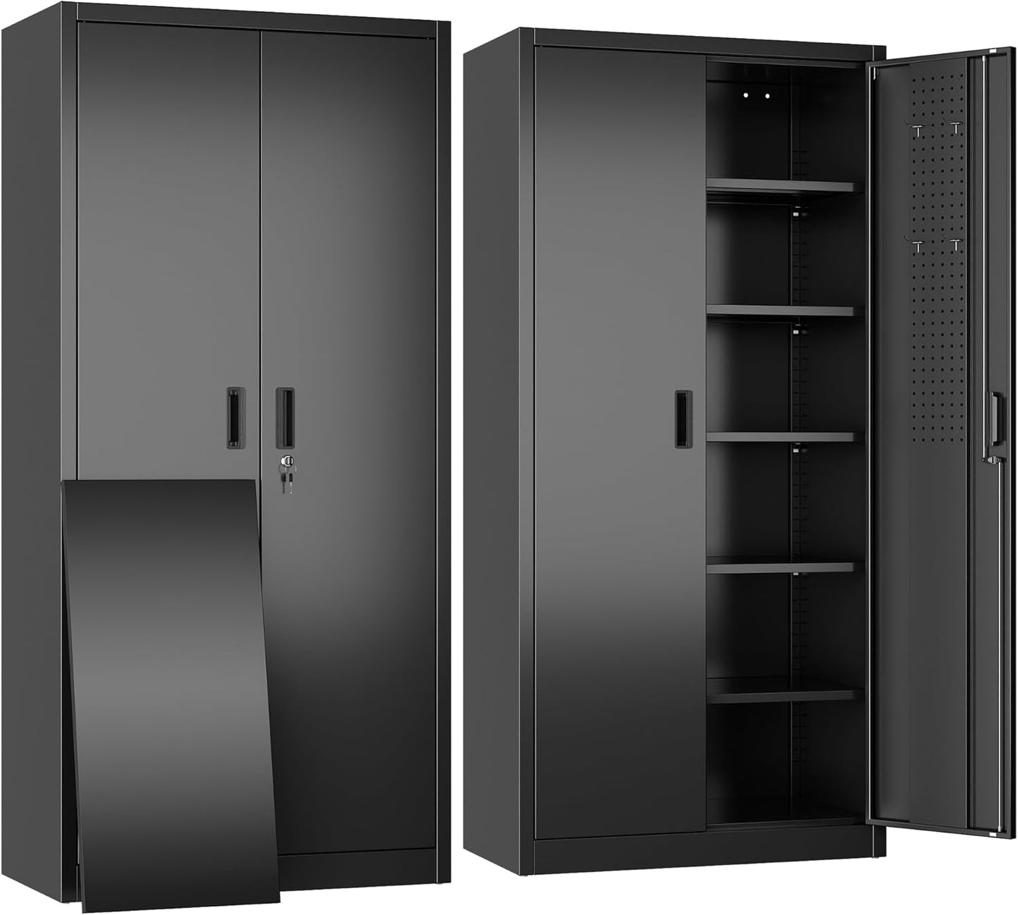 Broom Closet Storage Cabinet with 5 Pegboard, Hanging Rod &13 Hooks, Utility Metal Garage Storage Cabinets with Doors and 4 Shelves for Garage Home Storage, Black,71.5" H x 34" W x 17" D