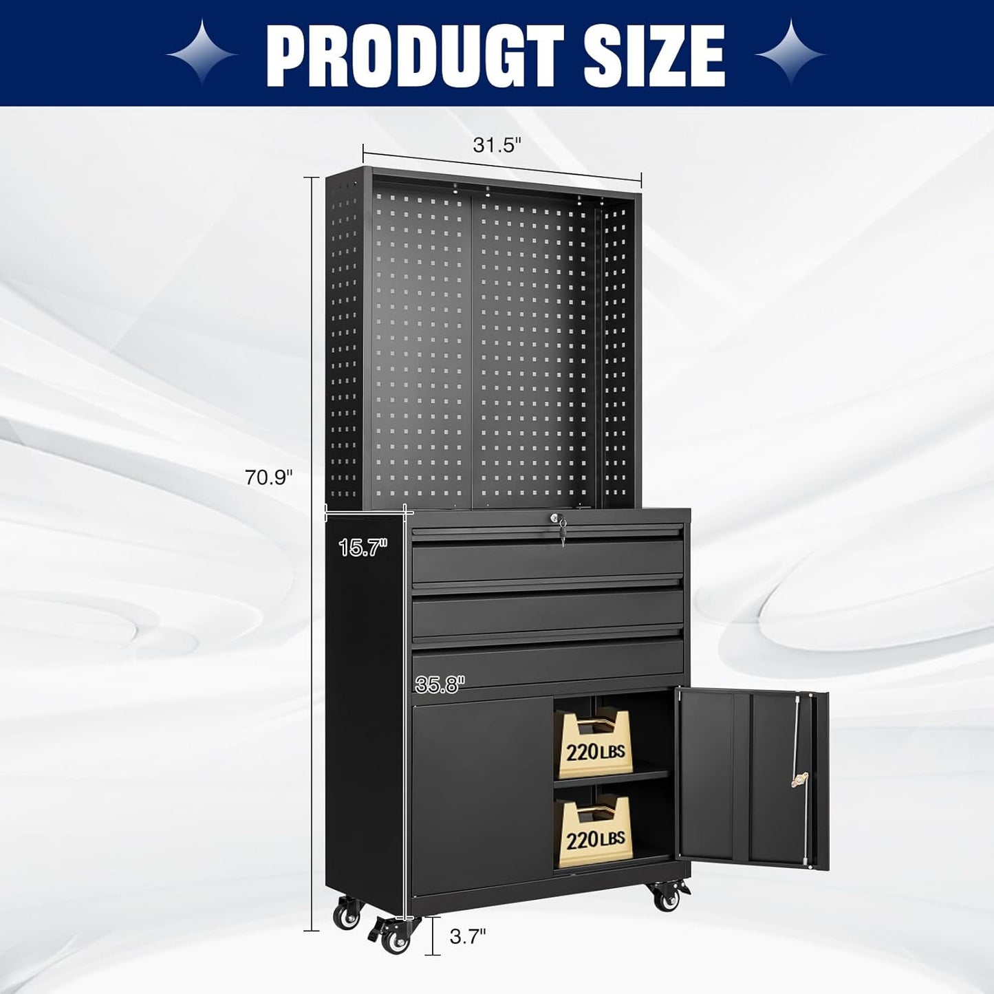 Yizosh Metal Garage Storage Cabinet with Wheels,3-Drawer Rolling Tool Cabinet with 2 Door and Adjustable Shelves,- 71" Steel Tool Cabinet for Warehouse,Garage,Workshop