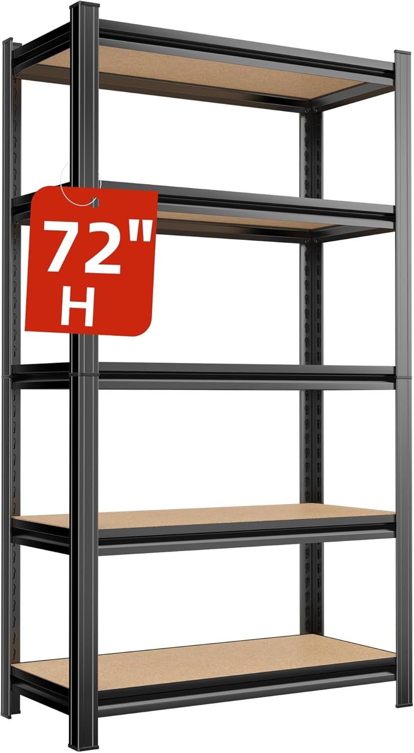 Garage Shelving, 72" H × 48" W Heavy Duty Metal Shelving - Easy to Assemble, Adjustable 5-Tier Storage Shelves, Double-Thickened Columns, 3000 lbs Capacity, for Garage, Pantry Storage, Black