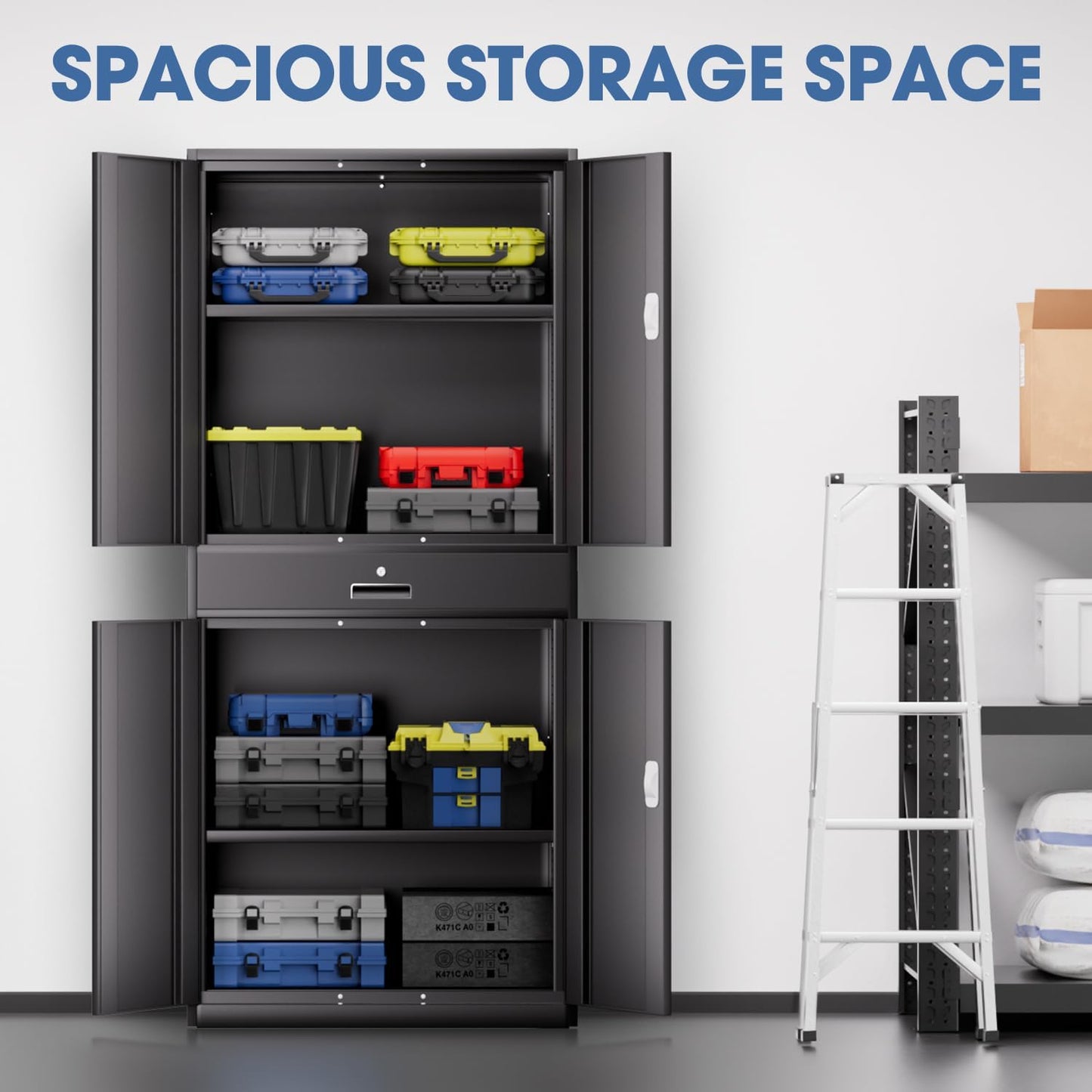 DNA MOTORING 71'' Metal Storage Cabinet, Locking Tool Cabinet with 1 Drawer and Adjustable Shelves, Lockable Heavy Duty Metal Locker for Garage,Office,Home,Gym, Black, TOOLS-00629-BK-BK-A