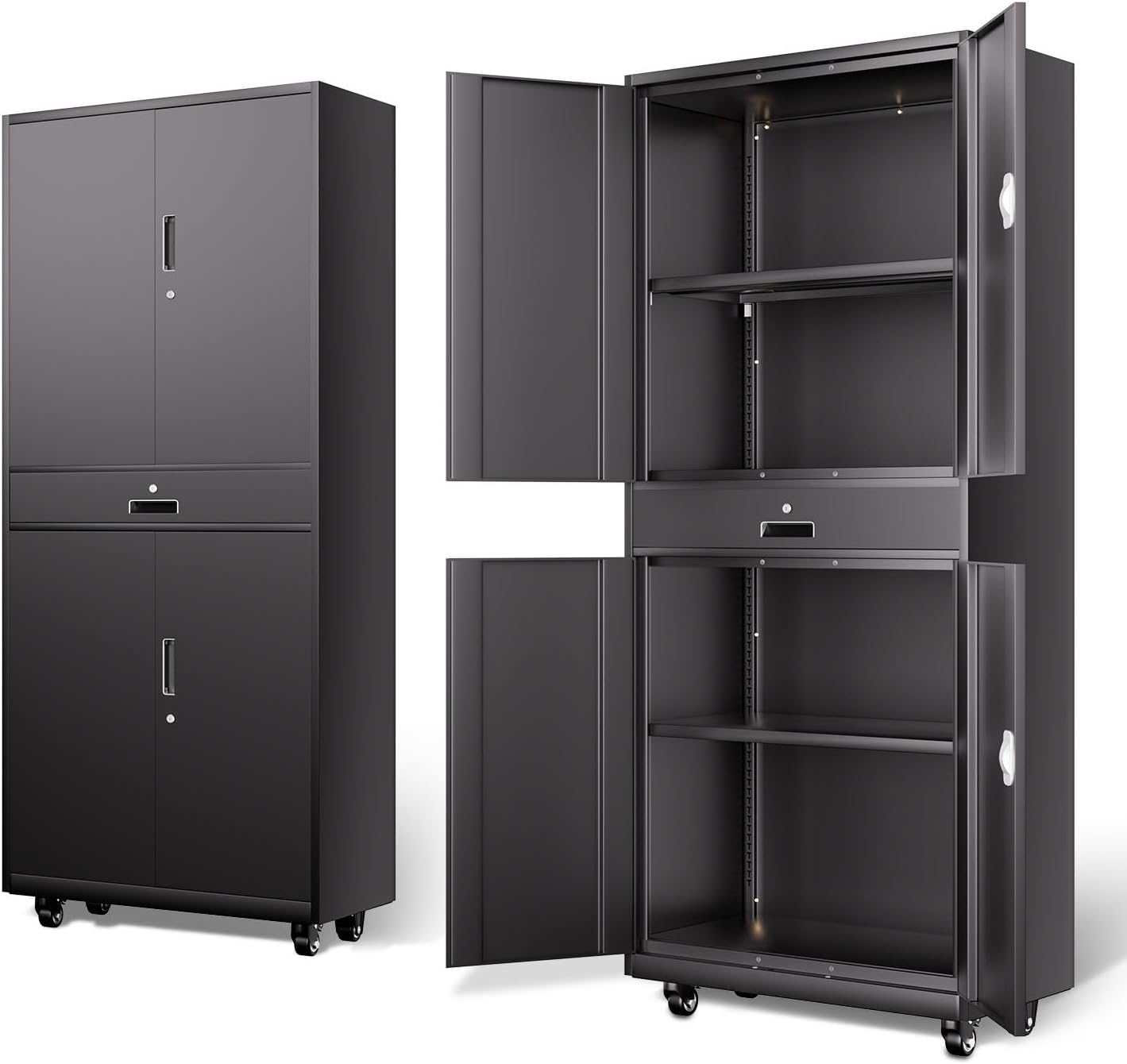 DNA MOTORING 71'' Metal Storage Cabinet, Locking Tool Cabinet with 1 Drawer and Adjustable Shelves, Lockable Heavy Duty Metal Locker for Garage,Office,Home,Gym, Black, TOOLS-00629-BK-BK-A
