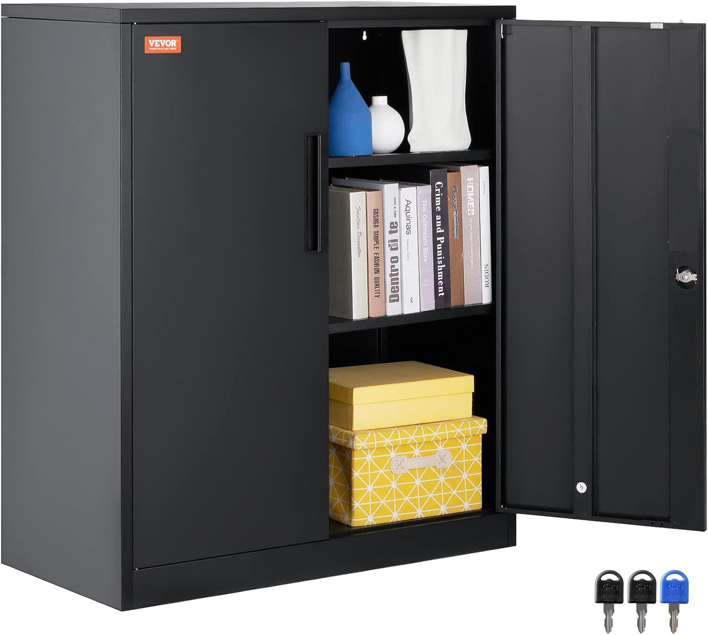 VEVOR Storage Wheels 75 in Locking 4 Adjustable Shelves & 2 Magnetic Doors, 200 lbs Capacity per Shelf, Metal Cabinet with 3 Keys for Home, Office, Garage, Black, C1-ETA-9005S(L)