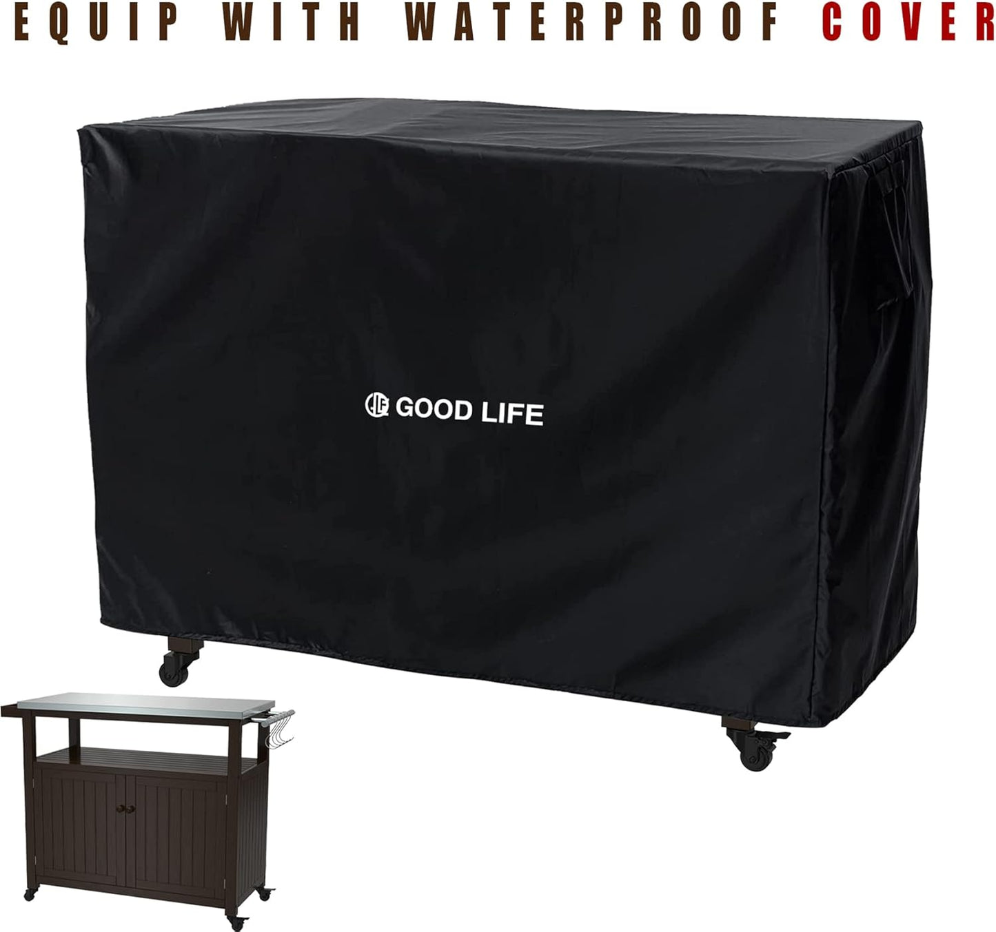 GDLF Outdoor Storage Cabinet Solid Wood Prep Grill Table with Stainless Steel Top Waterproof Cover Dark Brown