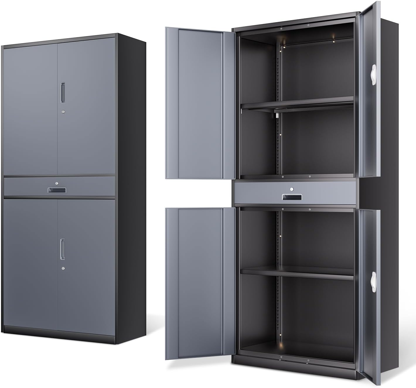 DNA MOTORING 71'' Metal Storage Cabinet, Locking Tool Cabinet with 1 Drawer and Adjustable Shelves, Lockable Heavy Duty Metal Locker for Garage,Office,Home,Gym, Black, TOOLS-00629-BK-BK-A