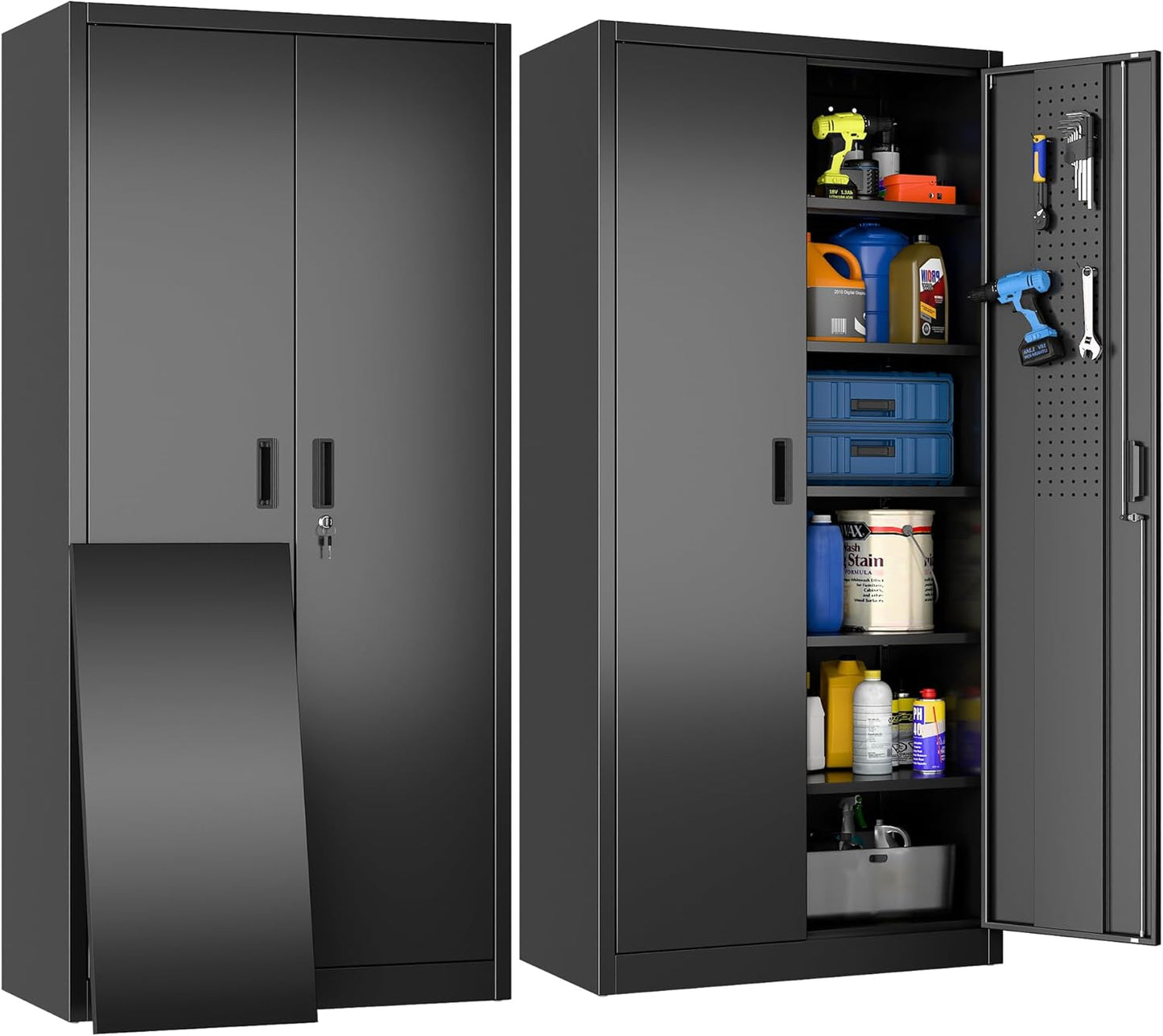 Broom Closet Storage Cabinet with 5 Pegboard, Hanging Rod &13 Hooks, Utility Metal Garage Storage Cabinets with Doors and 4 Shelves for Garage Home Storage, Black,71.5" H x 34" W x 17" D