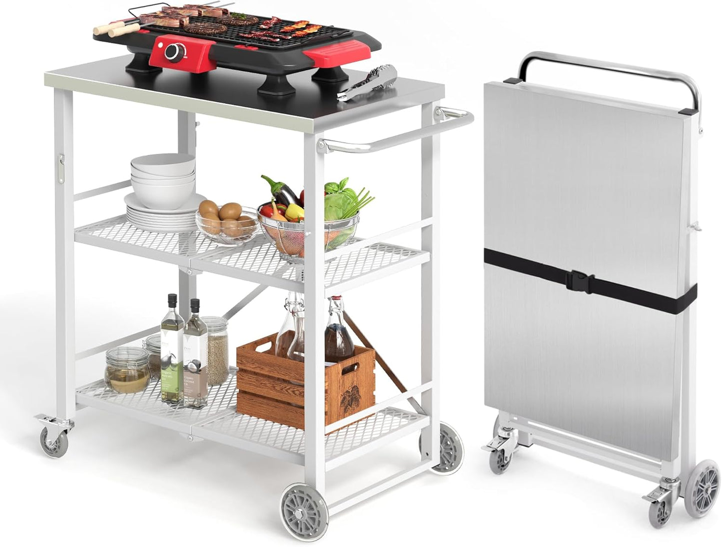 LUE BONA Foldable Outdoor Grill Cart with 2 Total Lock Casters, Stainless Steel Pizza Oven Stand, Rolling BBQ Table and 3 Shelf Folding Kitchen Island, Black