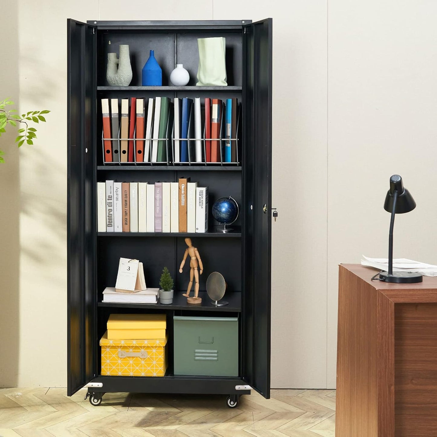 VEVOR Storage Wheels 75 in Locking 4 Adjustable Shelves & 2 Magnetic Doors, 200 lbs Capacity per Shelf, Metal Cabinet with 3 Keys for Home, Office, Garage, Black, C1-ETA-9005S(L)