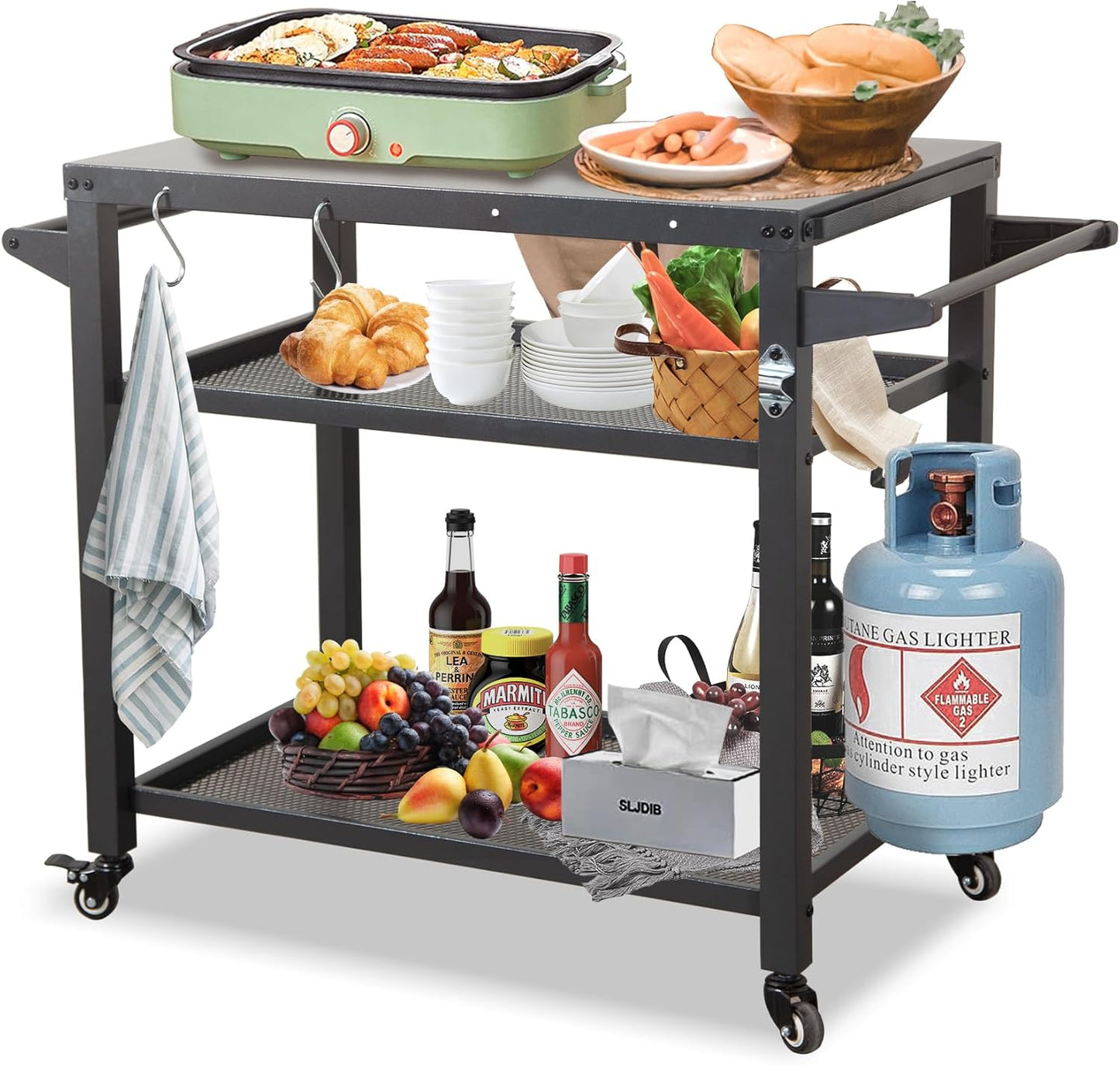 Domi 3-Shelf Outdoor Grill Table, Grill Cart with Wheels, Pizza Oven and Food Prep Table, Blackstone Griddle Stand with Propane Tank Hook for Outside BBQ
