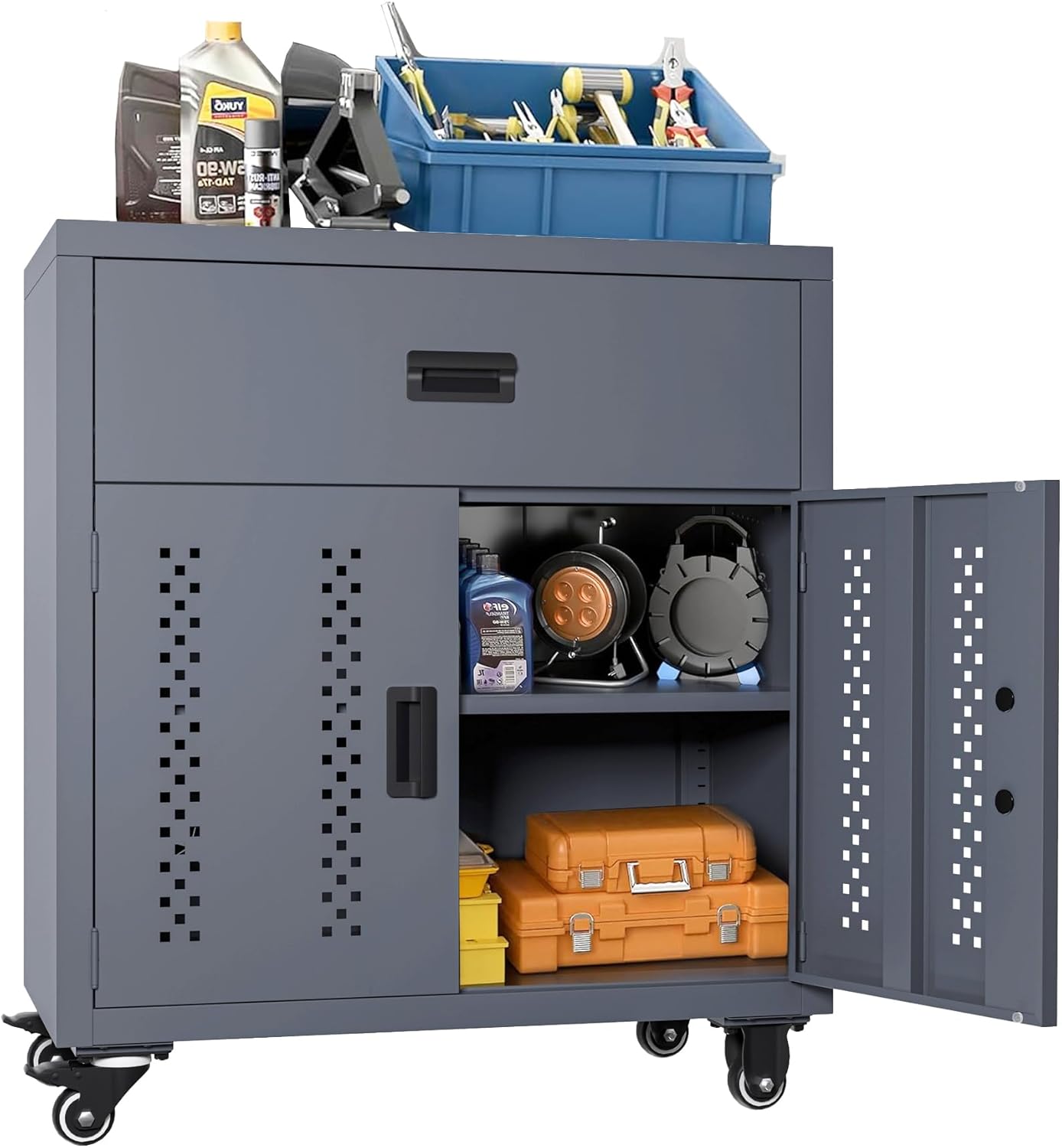 KAER Metal Garage Storage Locker 72" H Garage Cabinets with 2 Doors 4 Adjustable Shelves and Tool Board Tool Cabinets for Warehouse Basement Home Office - Assembly Required