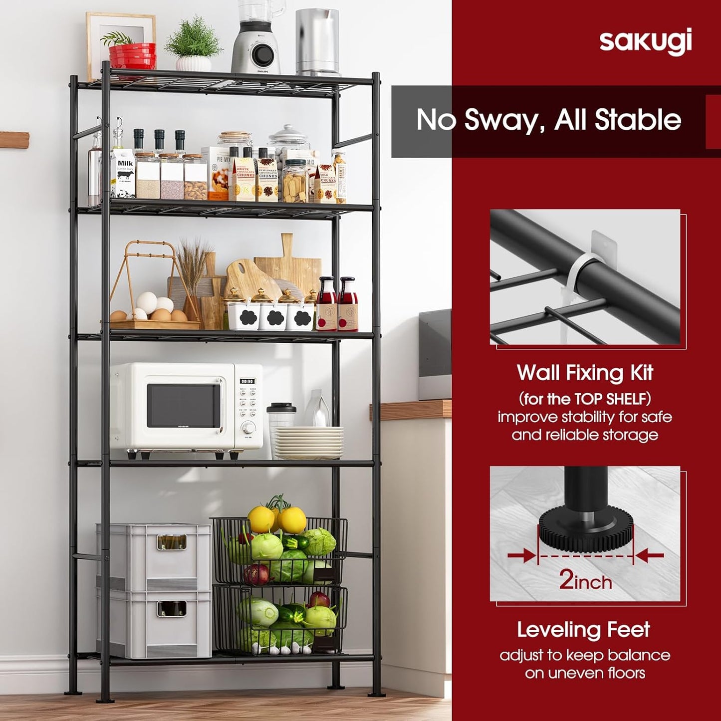 Storage Shelves - Set of 2, 5-Tier Large Metal Shelf Organizer, Heavy-Duty Garage Shelving with Leveling Feet, Stable Shelves Organizer for Pantry, Kitchen, Basement, 33.5" x 12.6" x 72", Black