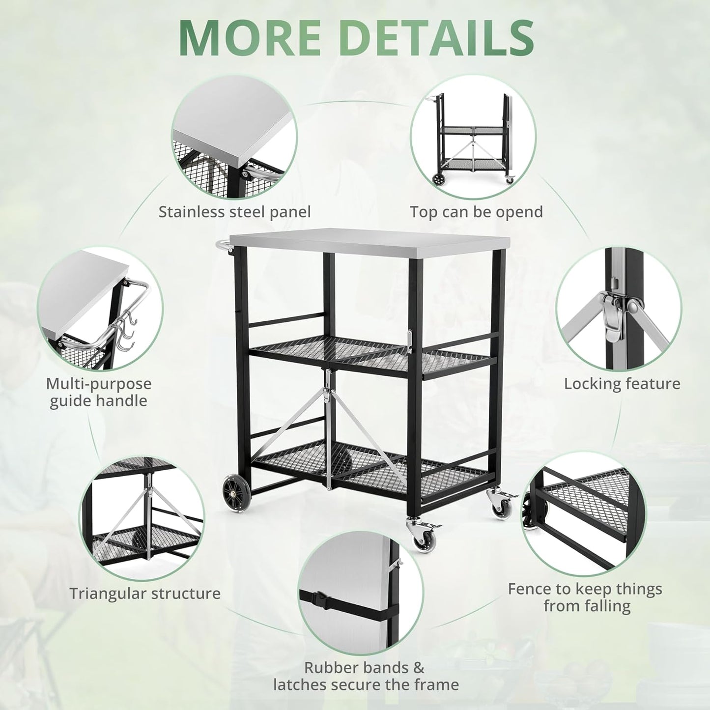 LUE BONA Foldable Outdoor Grill Cart with 2 Total Lock Casters, Stainless Steel Pizza Oven Stand, Rolling BBQ Table and 3 Shelf Folding Kitchen Island, Black