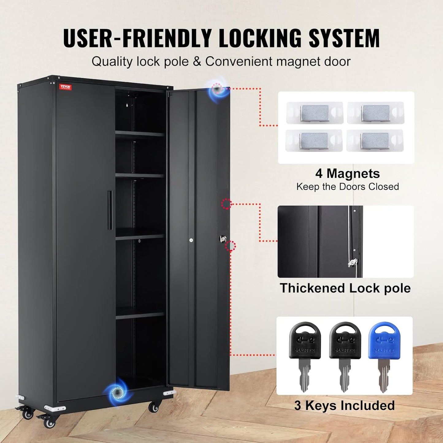 VEVOR Storage Wheels 75 in Locking 4 Adjustable Shelves & 2 Magnetic Doors, 200 lbs Capacity per Shelf, Metal Cabinet with 3 Keys for Home, Office, Garage, Black, C1-ETA-9005S(L)