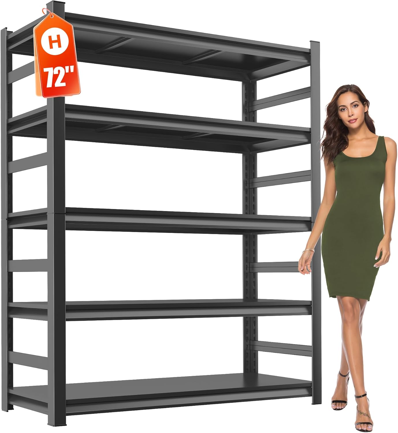 Garage Shelving, 72" H × 48" W Heavy Duty Metal Shelving - Easy to Assemble, Adjustable 5-Tier Storage Shelves, Double-Thickened Columns, 3000 lbs Capacity, for Garage, Pantry Storage, Black