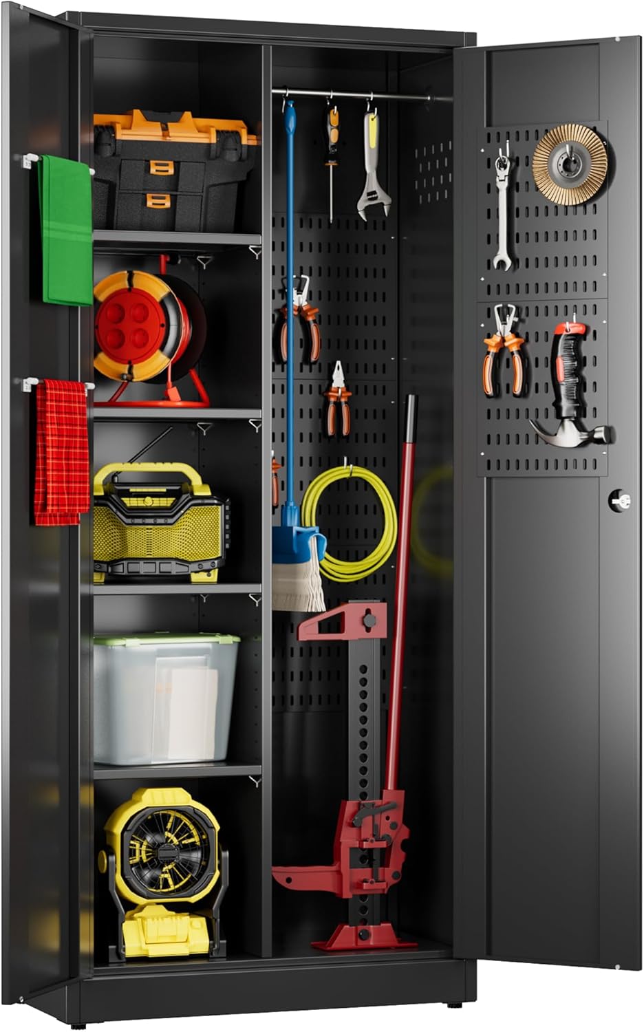 Broom Closet Storage Cabinet with 5 Pegboard, Hanging Rod &13 Hooks, Utility Metal Garage Storage Cabinets with Doors and 4 Shelves for Garage Home Storage, Black,71.5" H x 34" W x 17" D