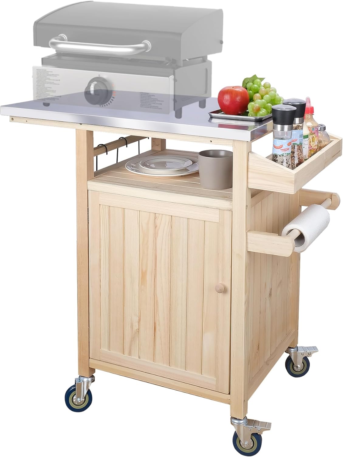 COOLBEBE Portable Outdoor Grill Table with Storage Cabinet, Moveable Solid Wood Outdoor Grill Cart with Wheels, Stainless Steel Top BBQ Cart Prep Table for Outside