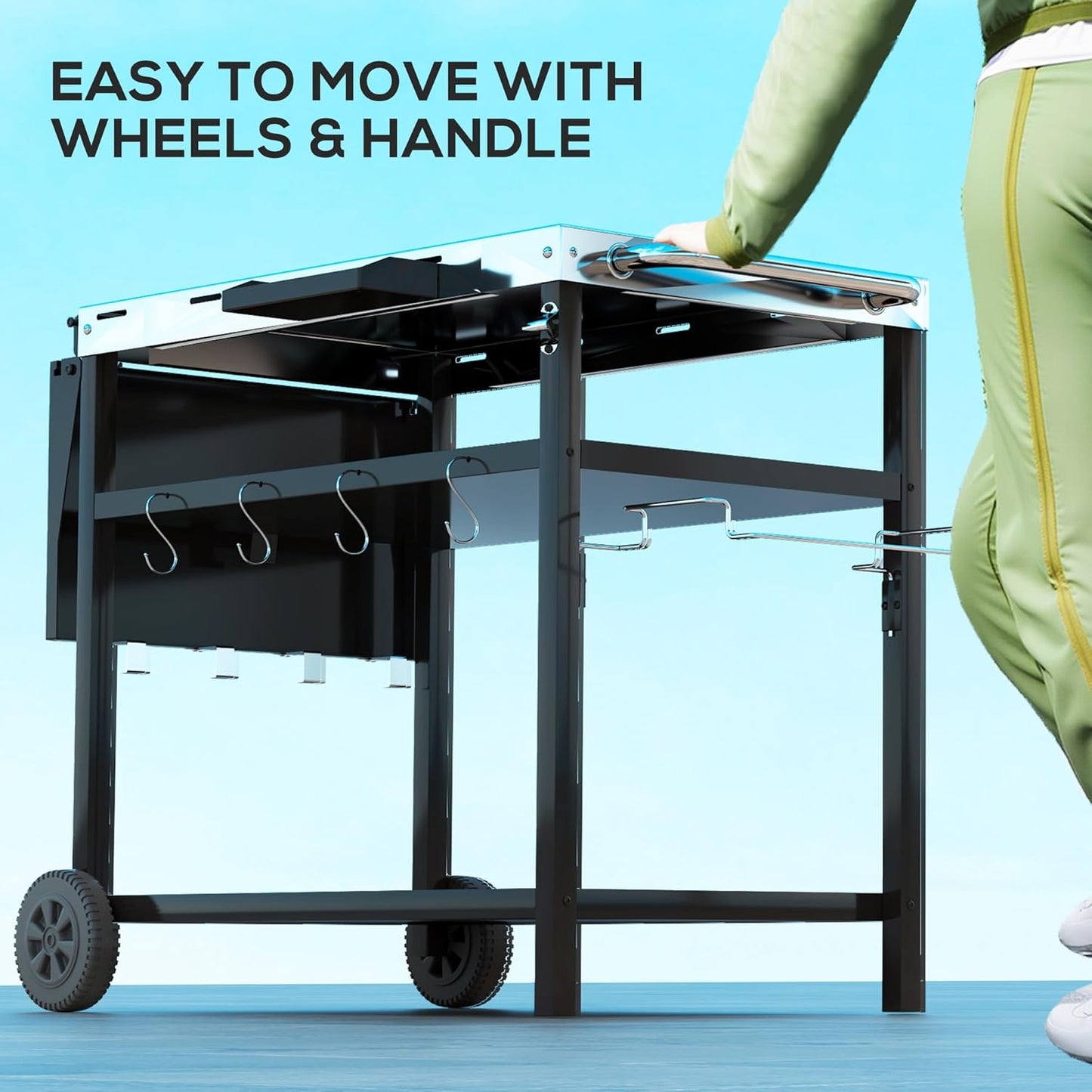 Outsunny Outdoor Grill Cart with Stainless Steel Tabletop, Three-Shelf Movable Grill Table with Wheels, Outdoor Pizza Oven Stand Serving Bar Cart Prep Table with Storage, Hooks for Patio, Backyard