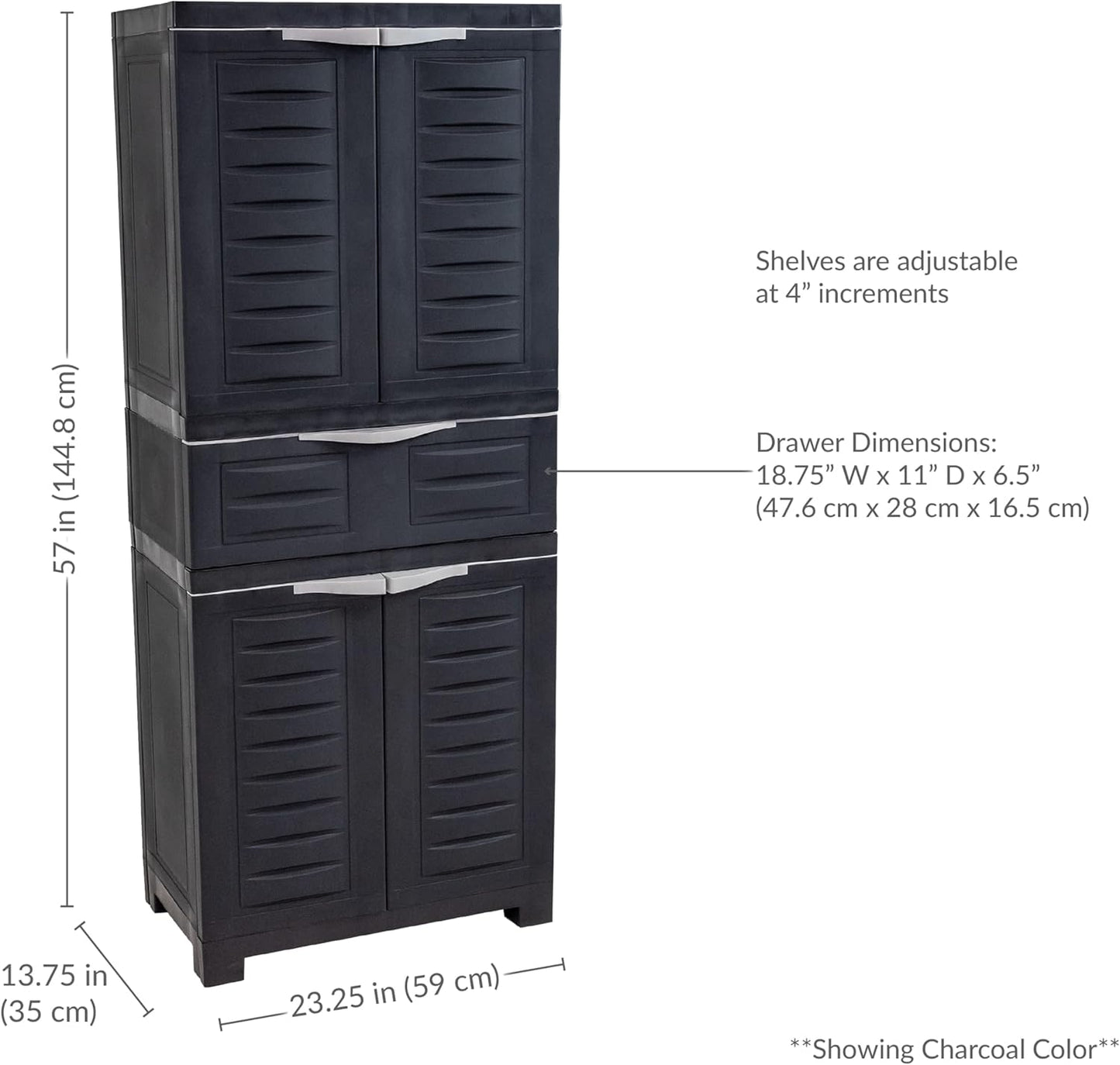 Sunnydaze Plastic Garage Storage Cabinet with 2 Adjustable Shelves - 57" H - Garage, Office, Home, Laundry Room - Gray with Charcoal Trim
