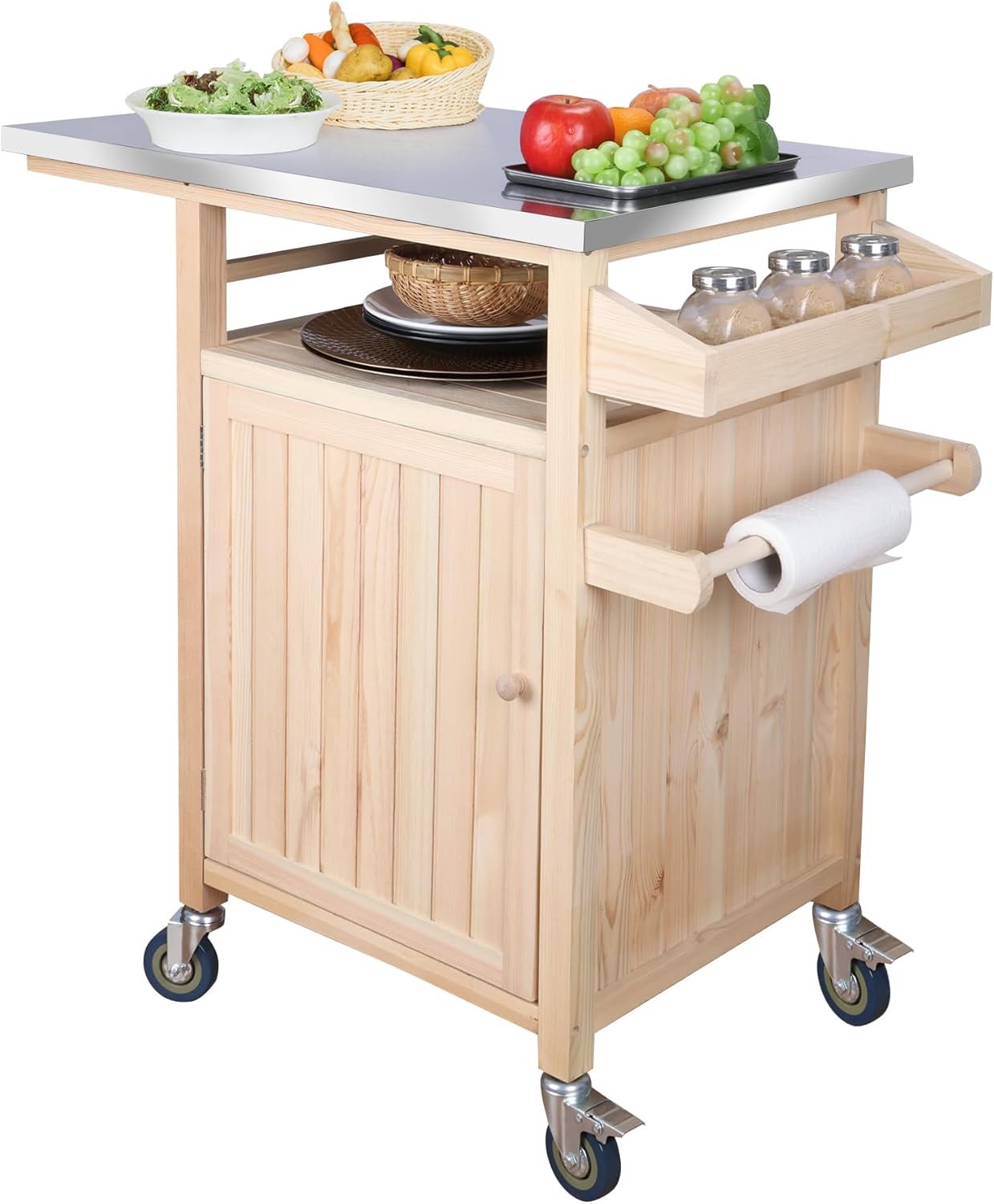 COOLBEBE Portable Outdoor Grill Table with Storage Cabinet, Moveable Solid Wood Outdoor Grill Cart with Wheels, Stainless Steel Top BBQ Cart Prep Table for Outside