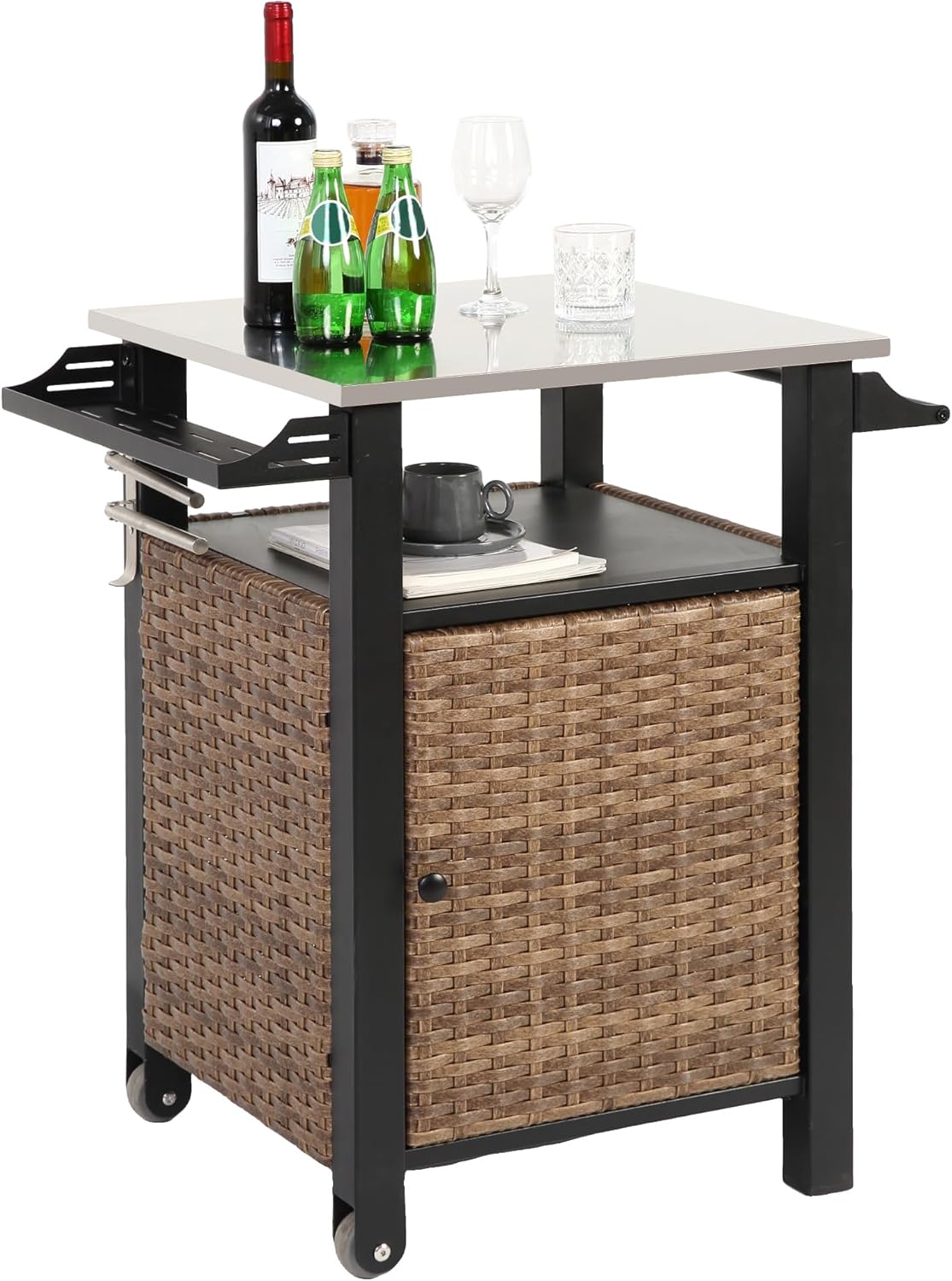 HOMEFUN Outdoor Bar Table Featuring Storage Cabinet: Wheeled Patio Serving Carts, Wicker Grill Cart Prep Station & Rolling Kitchen Island for Patio, Backyard and Outside Use, in Black