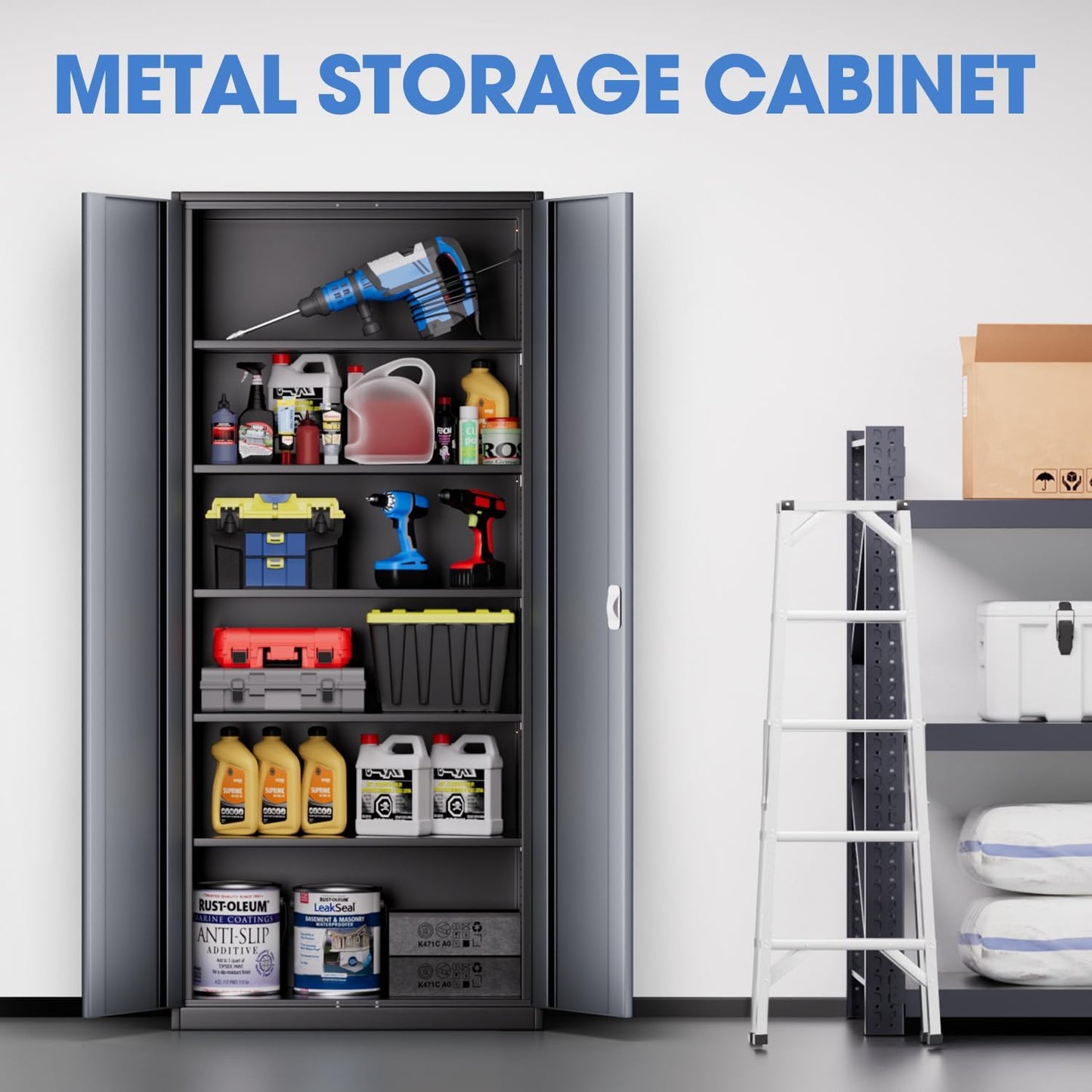 DNA MOTORING 71'' Metal Storage Cabinet, Locking Tool Cabinet with 5 Adjustable Shelves, Heavy Duty Metal Locker for Garage,Office,Home,Gym,Gray Black, TOOLS-00632-GY-BK-A