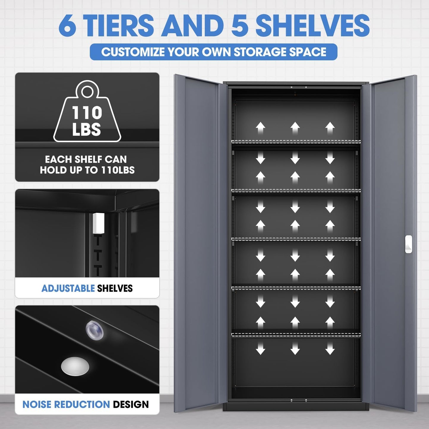 DNA MOTORING 71'' Metal Storage Cabinet, Locking Tool Cabinet with 5 Adjustable Shelves, Heavy Duty Metal Locker for Garage,Office,Home,Gym,Gray Black, TOOLS-00632-GY-BK-A