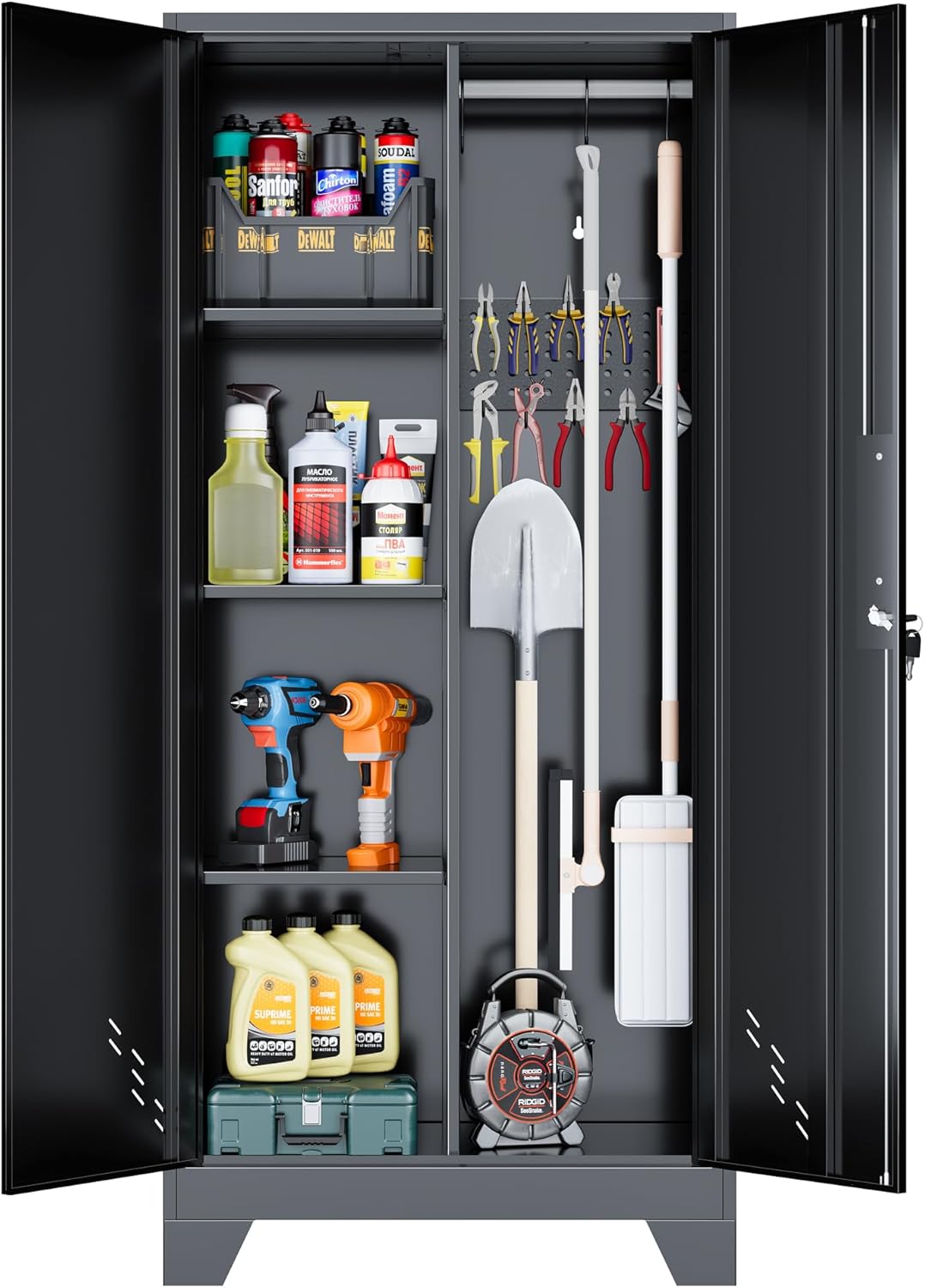 75" Heavy-Duty Metal Storage Cabinet with Lock - Wide & Deep Steel Tool Locker for Garage, Basement, Home Office - Outdoor/Indoor Pantry Organizer Cabinet