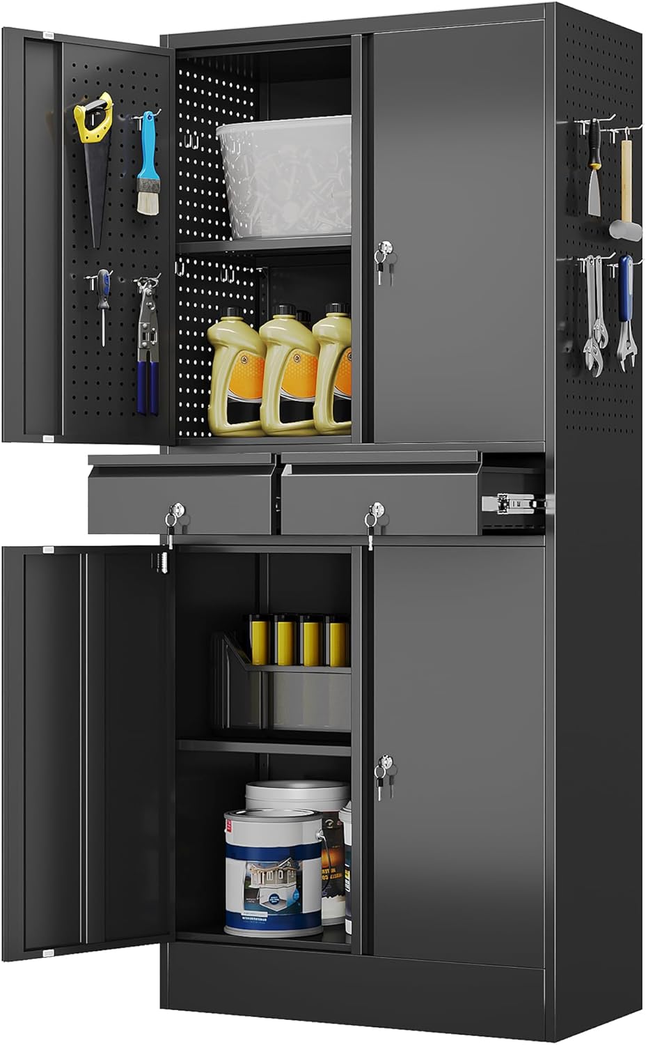 Broom Closet Storage Cabinet with 5 Pegboard, Hanging Rod &13 Hooks, Utility Metal Garage Storage Cabinets with Doors and 4 Shelves for Garage Home Storage, Black,71.5" H x 34" W x 17" D