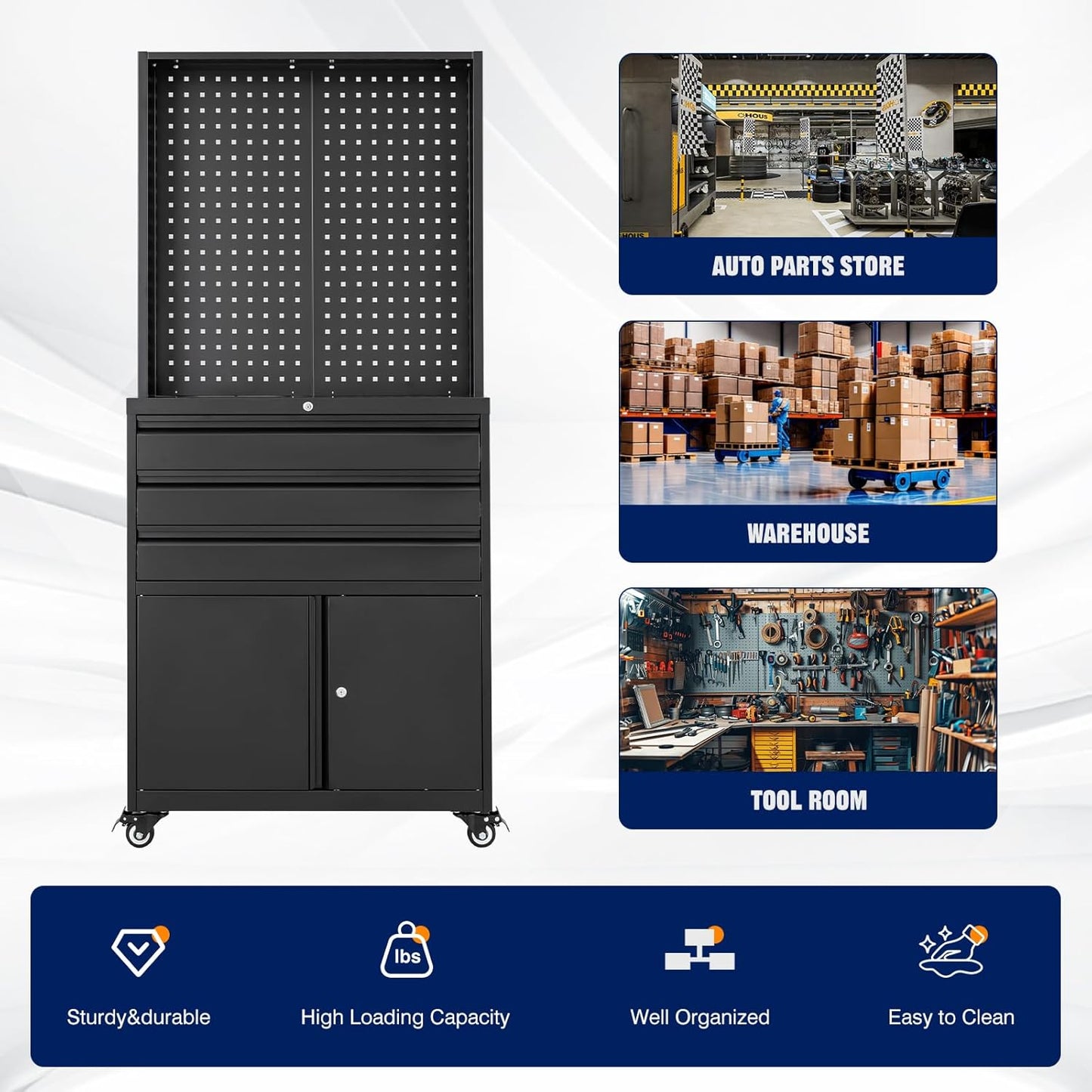Yizosh Metal Garage Storage Cabinet with Wheels,3-Drawer Rolling Tool Cabinet with 2 Door and Adjustable Shelves,- 71" Steel Tool Cabinet for Warehouse,Garage,Workshop