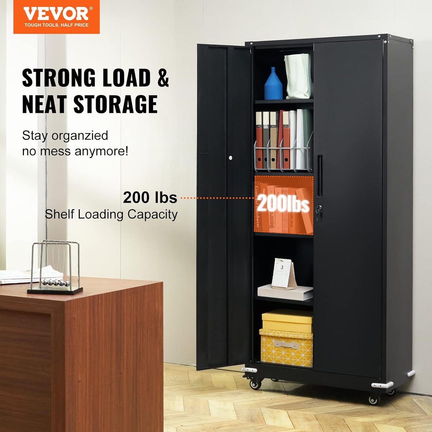 VEVOR Storage Wheels 75 in Locking 4 Adjustable Shelves & 2 Magnetic Doors, 200 lbs Capacity per Shelf, Metal Cabinet with 3 Keys for Home, Office, Garage, Black, C1-ETA-9005S(L)