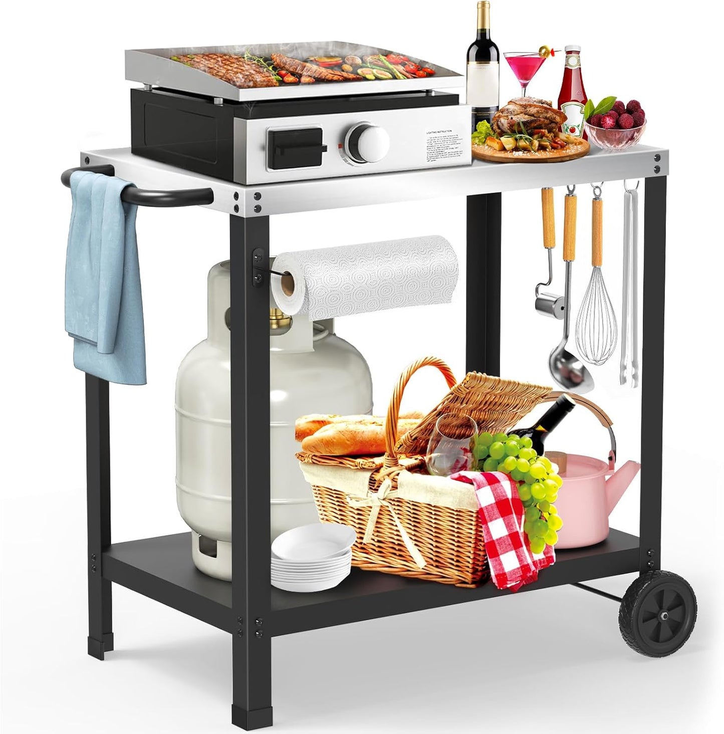 32x20IN Double-Shelves Grill Table, Outdoor Grill Cart for Blackstone Griddle, Movable Pizza Oven Table Cart for Outside Patio, Kitchen Cooking Food Prep Table for Party