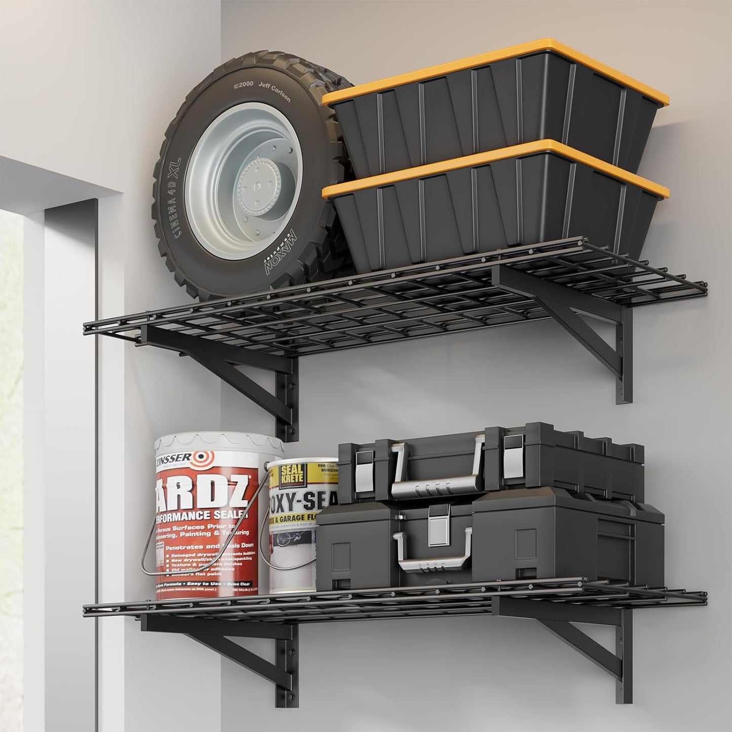 4 Pack Heavy Duty Garage Wall Shelving Set (2x3ft), Wall Mounted Garage Shelves 1000lbs Capacity, 24"x72" Shelf Storage Rack Floating Shelves, Black