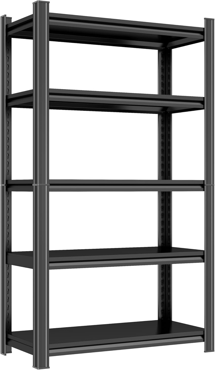 Garage Shelving, 72" H × 48" W Heavy Duty Metal Shelving - Easy to Assemble, Adjustable 5-Tier Storage Shelves, Double-Thickened Columns, 3000 lbs Capacity, for Garage, Pantry Storage, Black