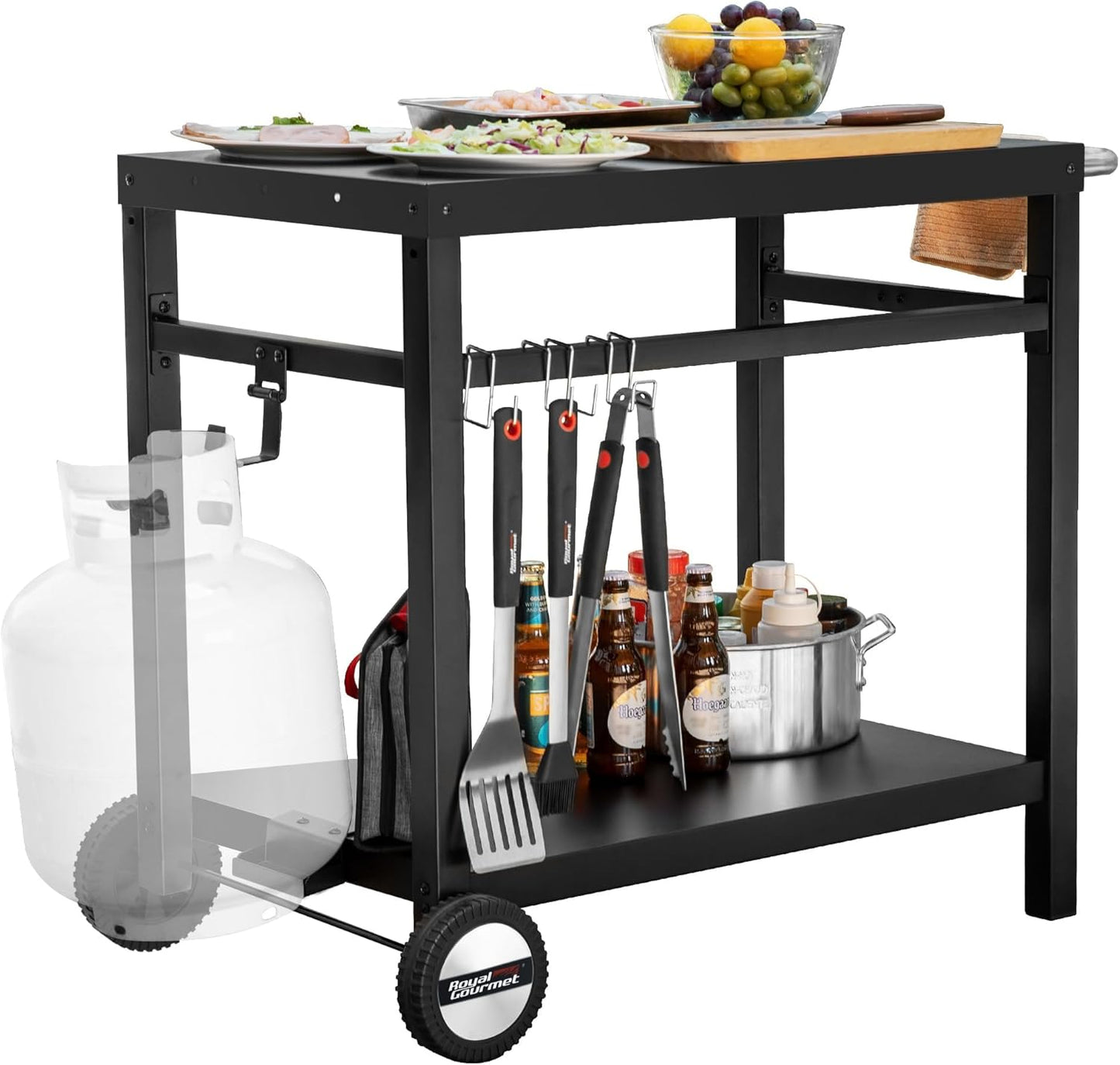 Royal Gourmet Dining Cart Table with Double-Shelf, Movable Stainless Steel Flattop Grill Cart, Hooks, Side Handle, Multifunctional PC3401S (Silver)