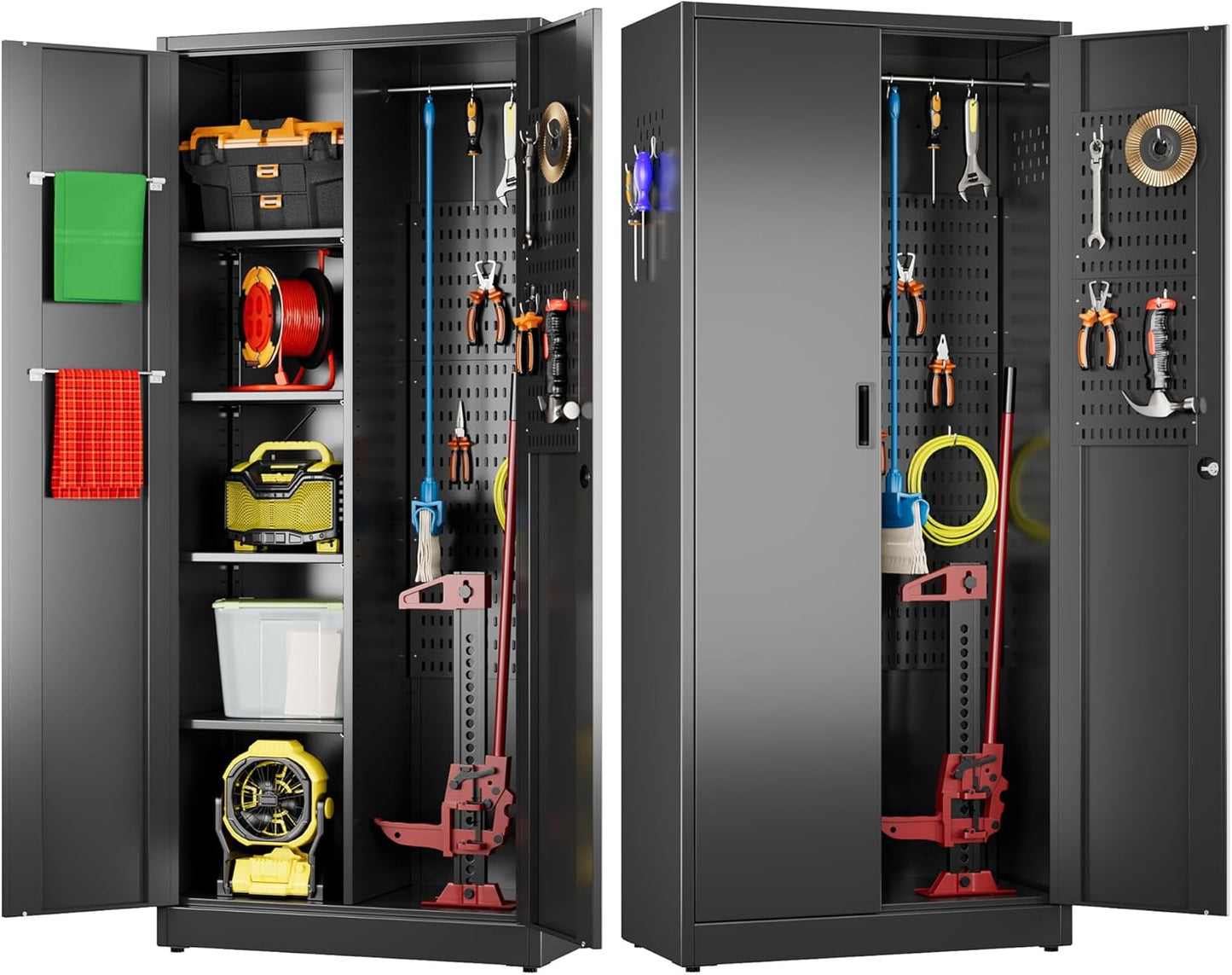 Broom Closet Storage Cabinet with 5 Pegboard, Hanging Rod &13 Hooks, Utility Metal Garage Storage Cabinets with Doors and 4 Shelves for Garage Home Storage, Black,71.5" H x 34" W x 17" D