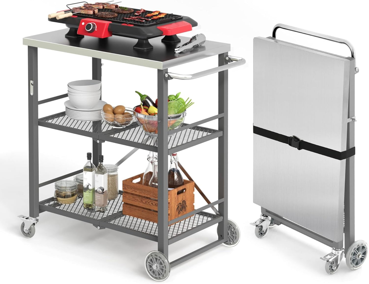 LUE BONA Foldable Outdoor Grill Cart with 2 Total Lock Casters, Stainless Steel Pizza Oven Stand, Rolling BBQ Table and 3 Shelf Folding Kitchen Island, Black