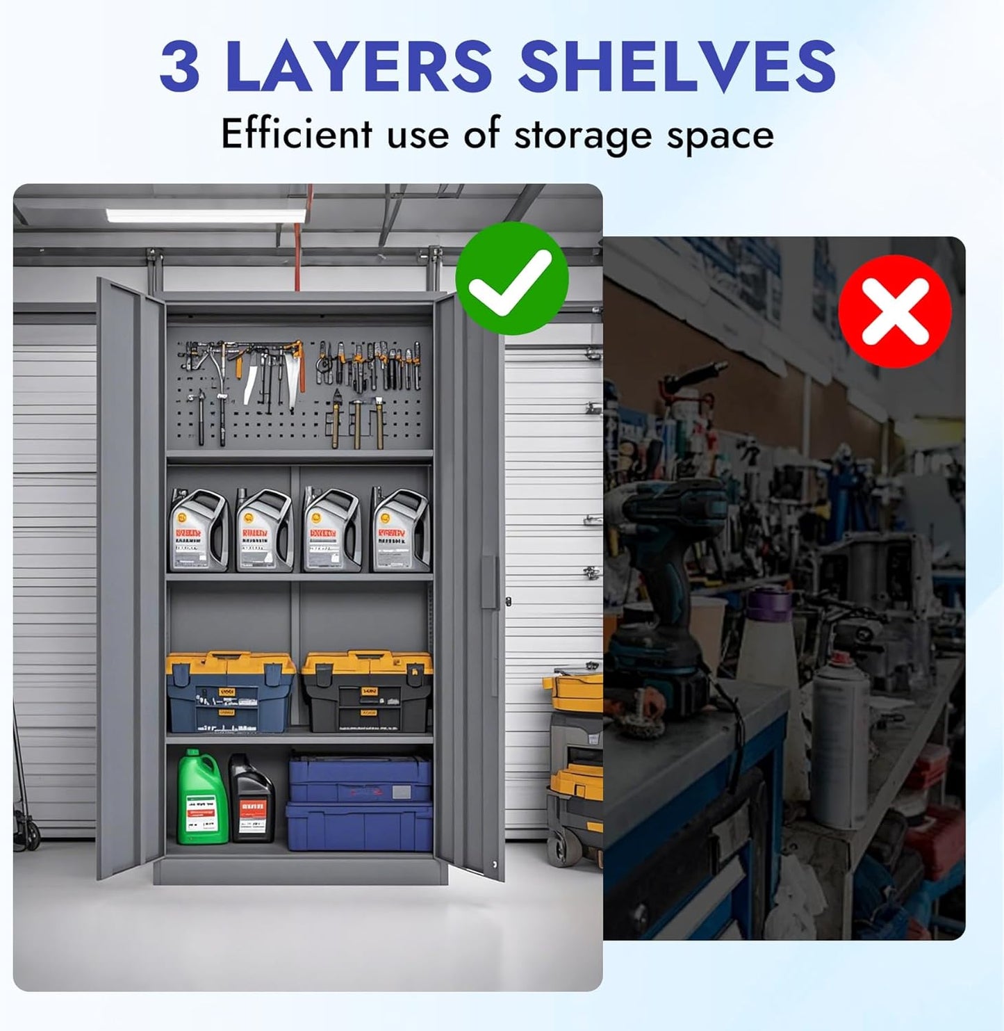 KAER Metal Garage Storage Locker 72" H Garage Cabinets with 2 Doors 4 Adjustable Shelves and Tool Board Tool Cabinets for Warehouse Basement Home Office - Assembly Required