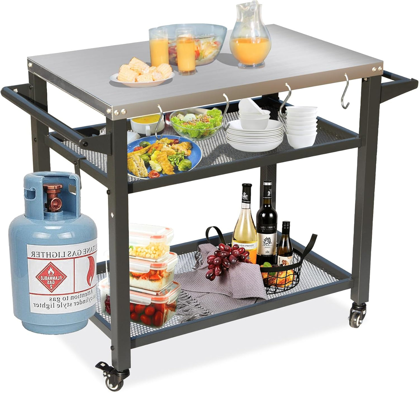 Domi 3-Shelf Outdoor Grill Table, Grill Cart with Wheels, Pizza Oven and Food Prep Table, Blackstone Griddle Stand with Propane Tank Hook for Outside BBQ