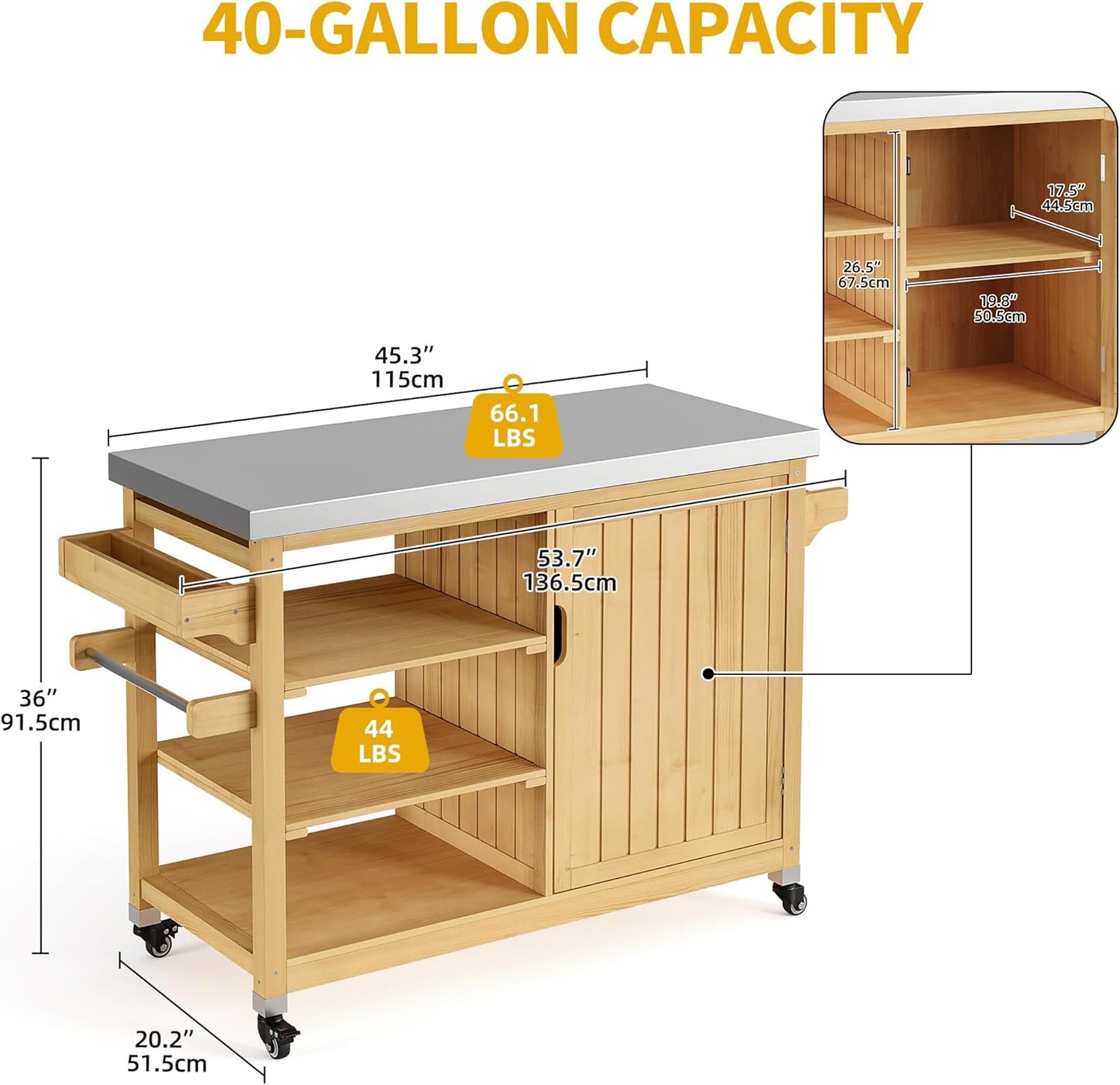 DWVO XL Outdoor Grill Cart, Solid Wood Grill Table, Prep Table with Stainless Steel Top, Outdoor Kitchen Cart with Storage Cabinet for Patio, Grilling Accessories, Light Brown