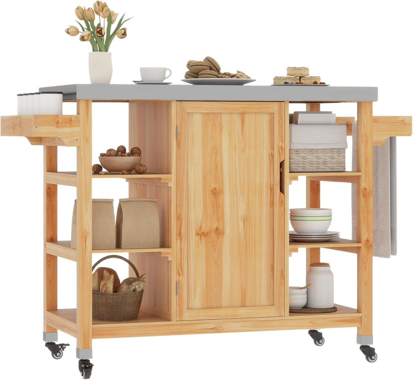 DWVO XL Outdoor Grill Cart, Solid Wood Grill Table, Prep Table with Stainless Steel Top, Outdoor Kitchen Cart with Storage Cabinet for Patio, Grilling Accessories, Light Brown