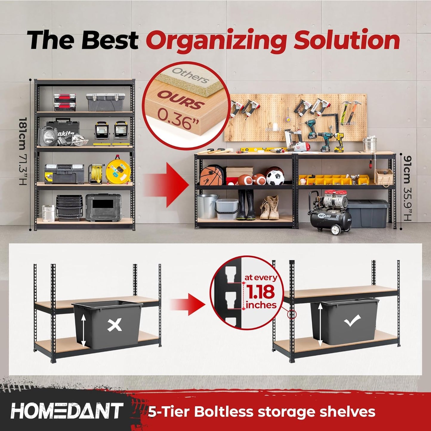 HOMEDANT 5 Tier Laminated Boltless Heavy Duty Garage Storage Adjustable Wide Size Metal Shelving Unit Utility Rack Shelves Organization Multipurpose Shelf Shed Warehouse 47.7"W x 18.2"D x 71.3"H 1Pack