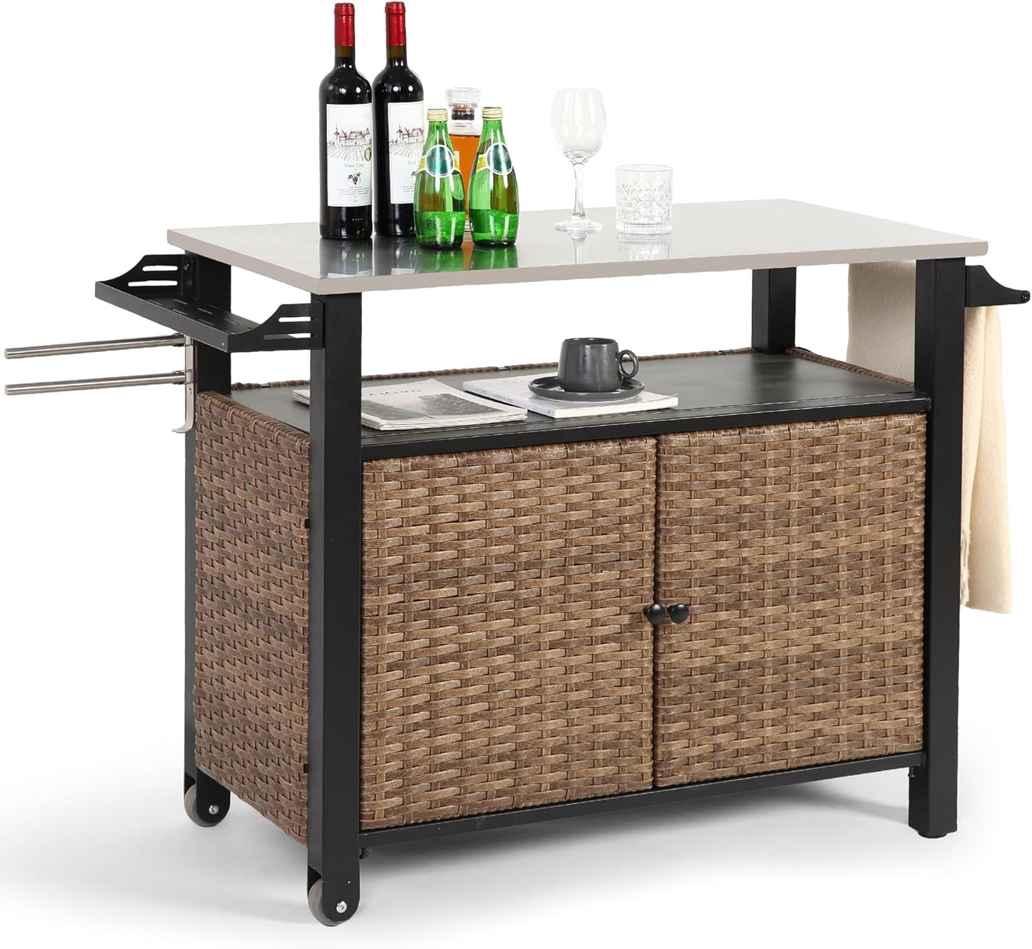 HOMEFUN Outdoor Bar Table Featuring Storage Cabinet: Wheeled Patio Serving Carts, Wicker Grill Cart Prep Station & Rolling Kitchen Island for Patio, Backyard and Outside Use, in Black