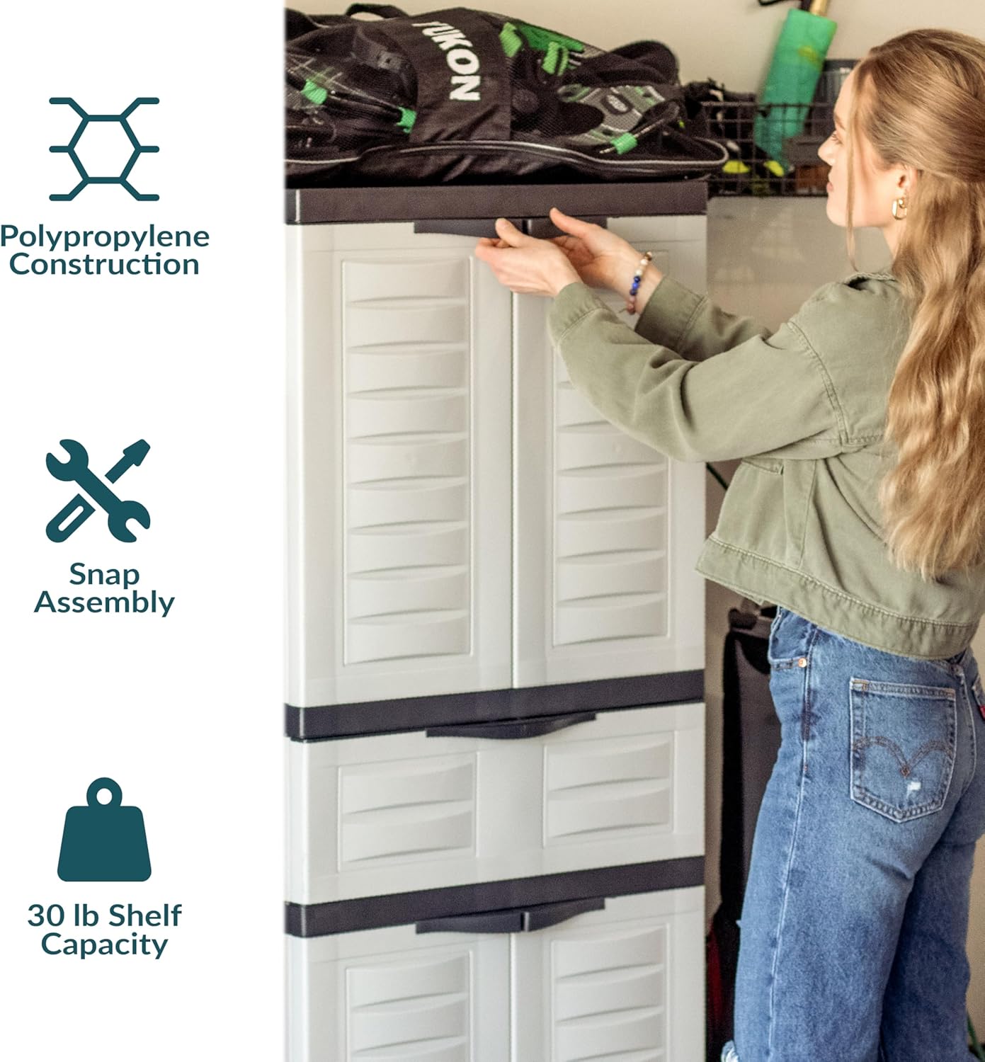 Sunnydaze Plastic Garage Storage Cabinet with 2 Adjustable Shelves - 57" H - Garage, Office, Home, Laundry Room - Gray with Charcoal Trim