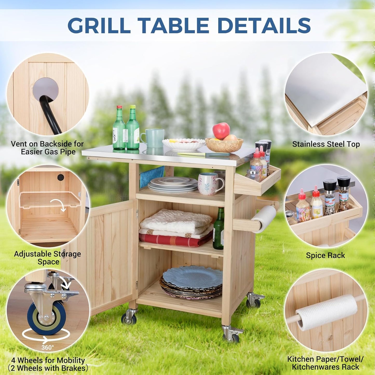 COOLBEBE Portable Outdoor Grill Table with Storage Cabinet, Moveable Solid Wood Outdoor Grill Cart with Wheels, Stainless Steel Top BBQ Cart Prep Table for Outside