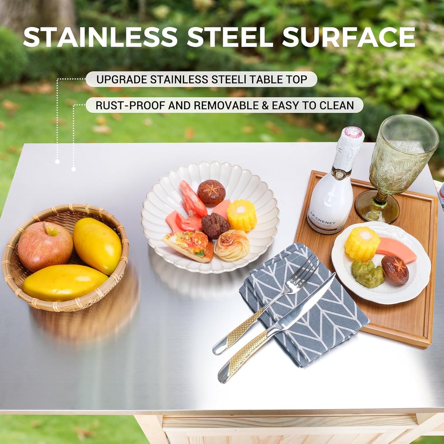 COOLBEBE Portable Outdoor Grill Table with Storage Cabinet, Moveable Solid Wood Outdoor Grill Cart with Wheels, Stainless Steel Top BBQ Cart Prep Table for Outside